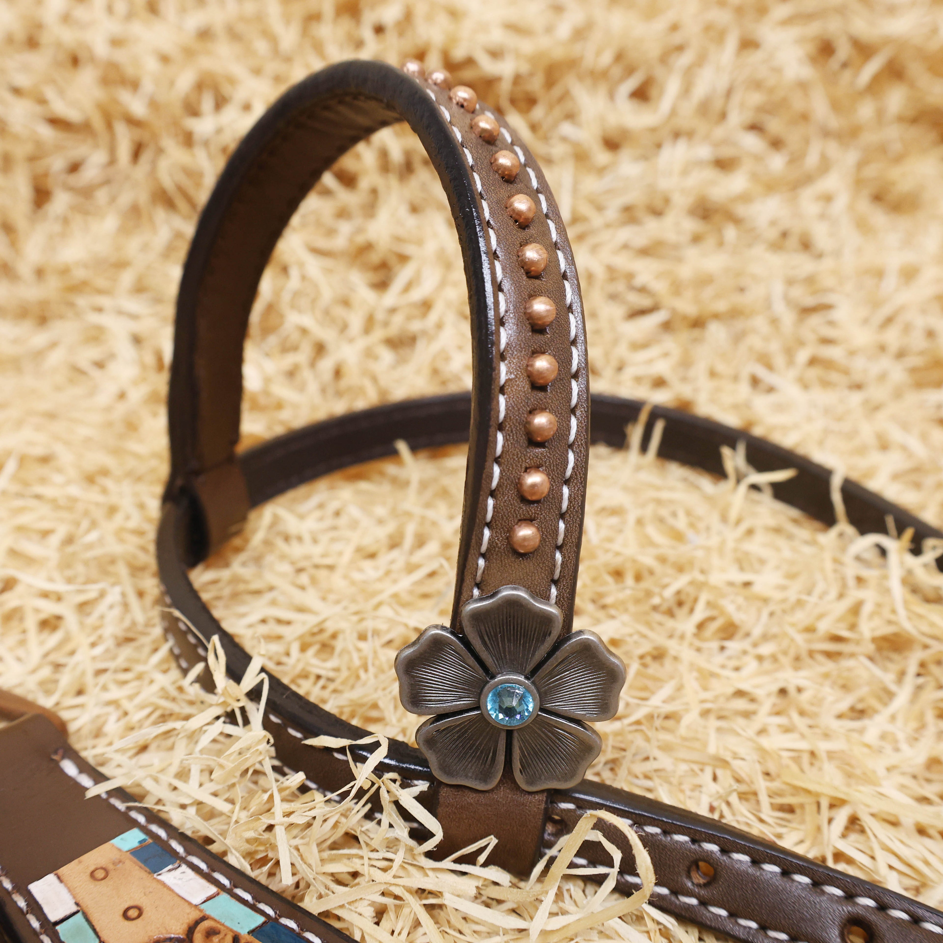 MOUSM Western Headstall and Breast Collar Set - Made with Argentina Cow Leather, Headstall Set Decorated with Filigree Flower Tooling Inlay and Antique Finish Flower Conchos