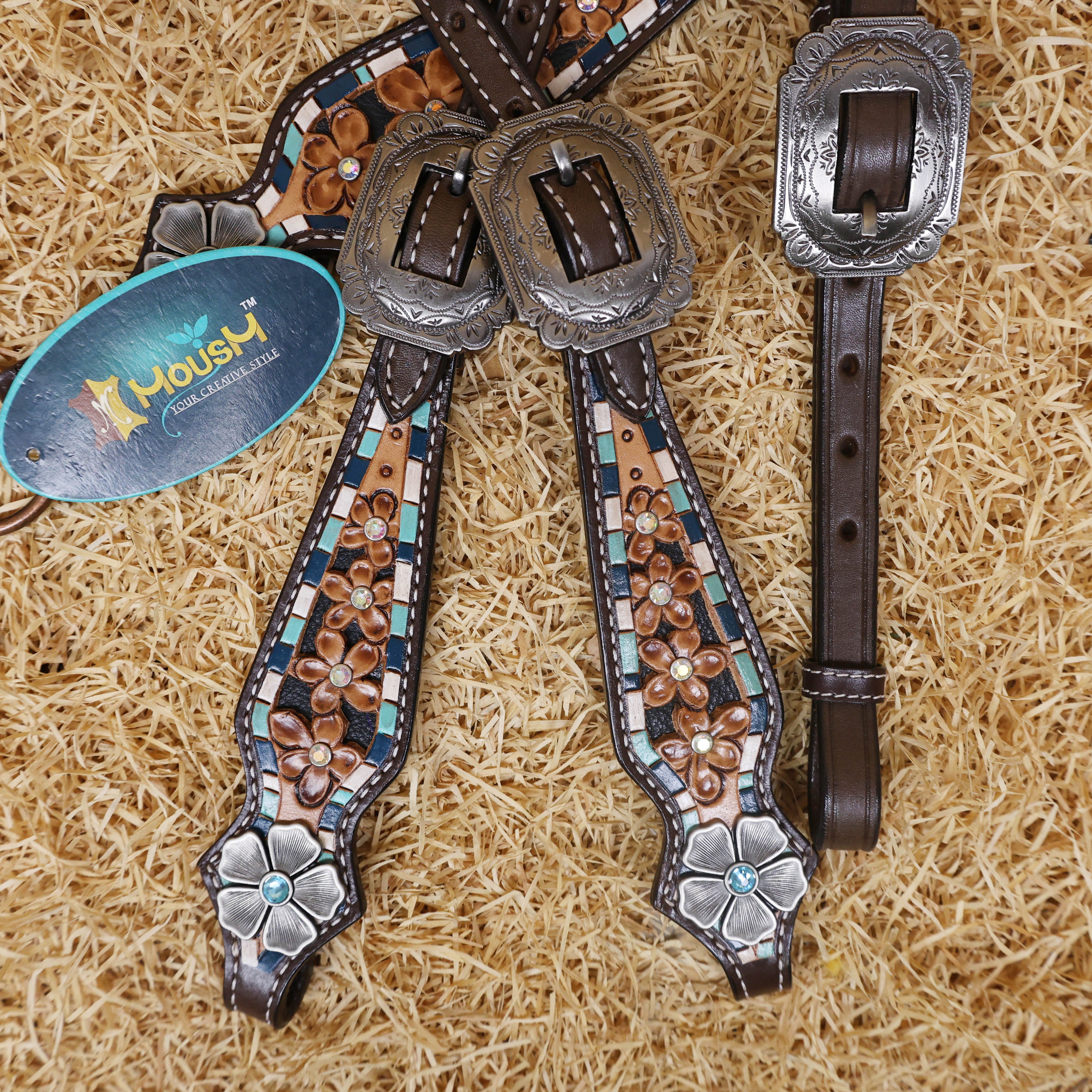 MOUSM Western Headstall and Breast Collar Set - Made with Argentina Cow Leather, Headstall Set Decorated with Filigree Flower Tooling Inlay and Antique Finish Flower Conchos