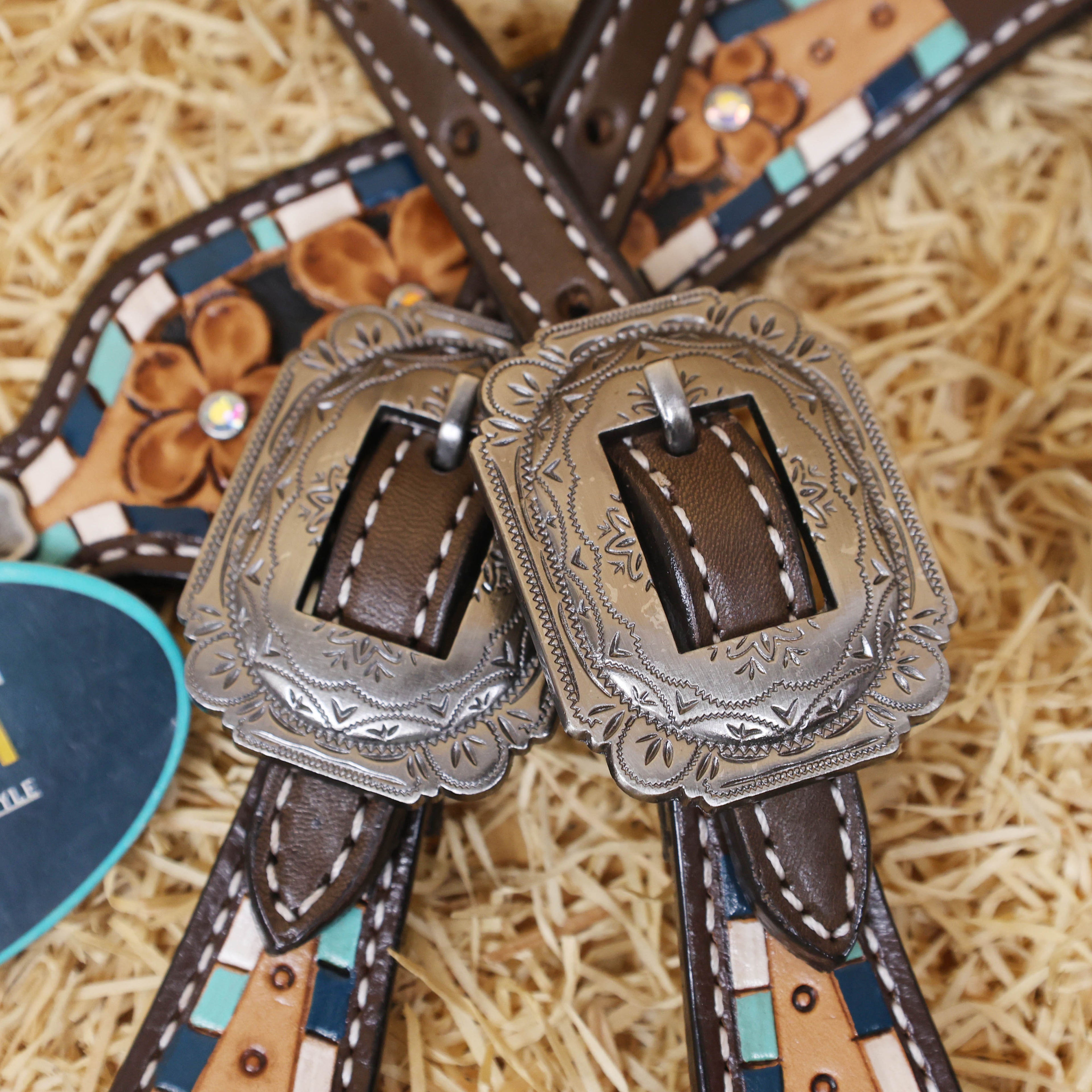 MOUSM Western Headstall and Breast Collar Set - Made with Argentina Cow Leather, Headstall Set Decorated with Filigree Flower Tooling Inlay and Antique Finish Flower Conchos