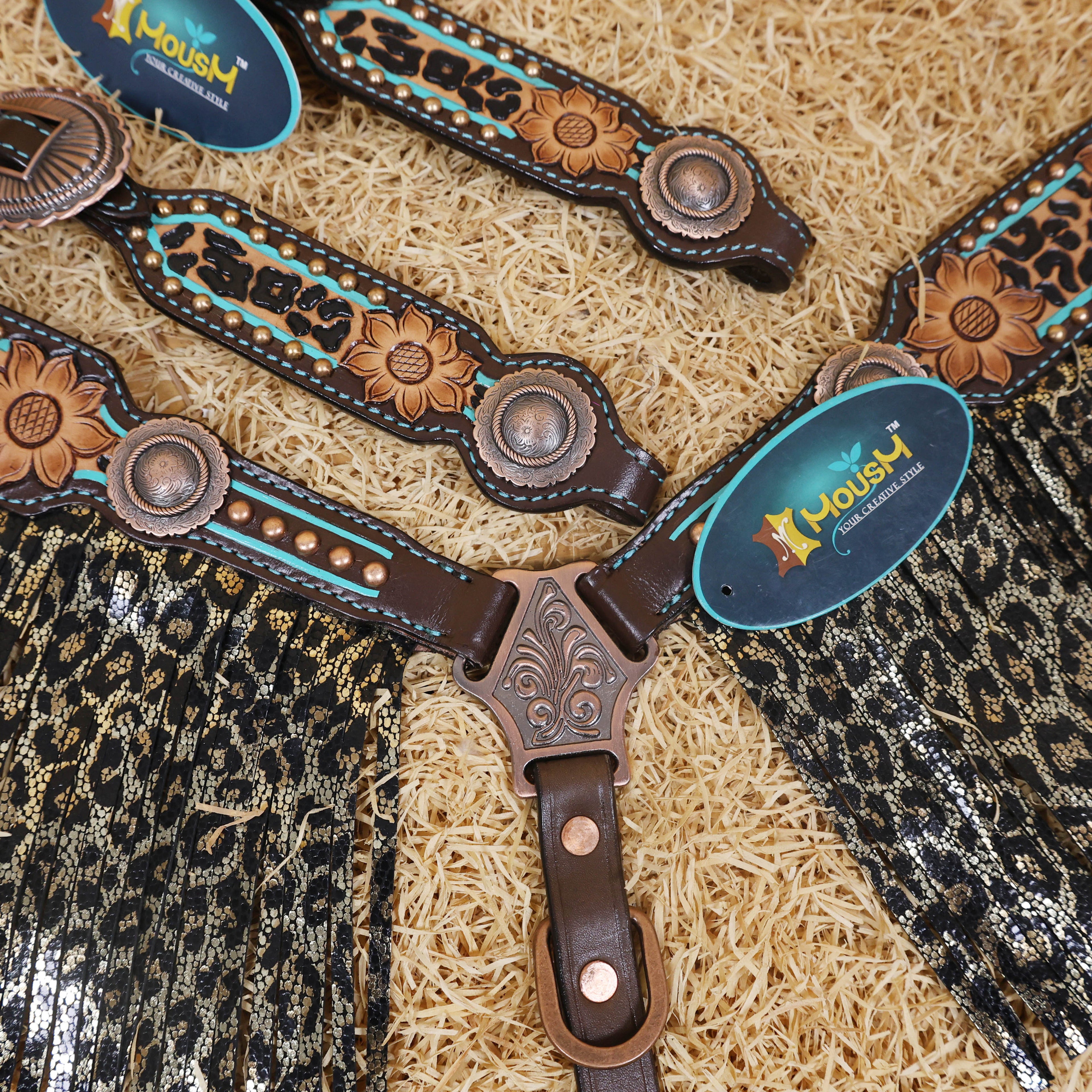 MOUSM Western Headstall and Breast Collar Set - Made with Argentina Cow Leather, Headstall Set Decorated with Leopard Fringe & Copper Studs on Breast Collar, Cheek Pieces and One-Ear