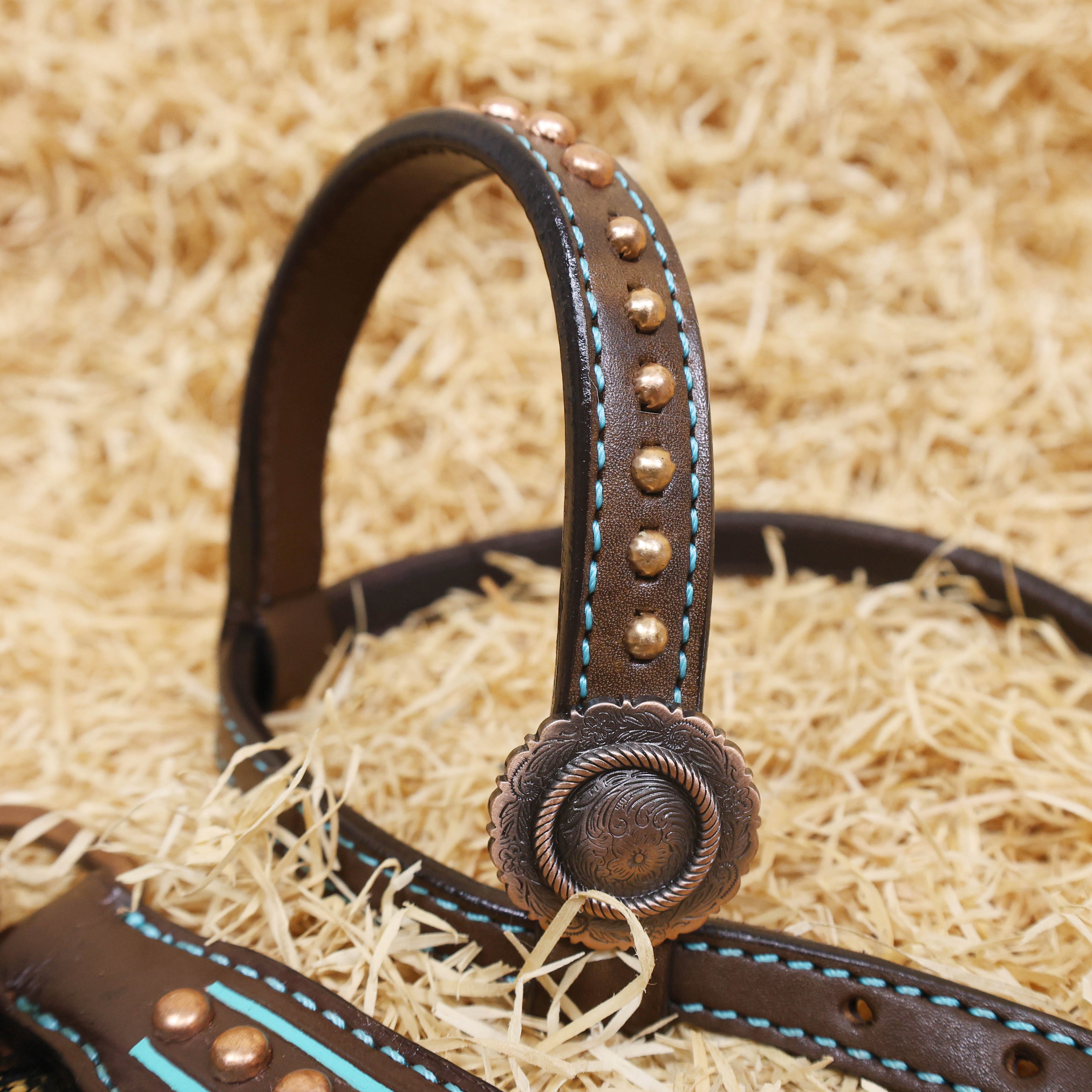 MOUSM Western Headstall and Breast Collar Set - Made with Argentina Cow Leather, Headstall Set Decorated with Leopard Fringe & Copper Studs on Breast Collar, Cheek Pieces and One-Ear