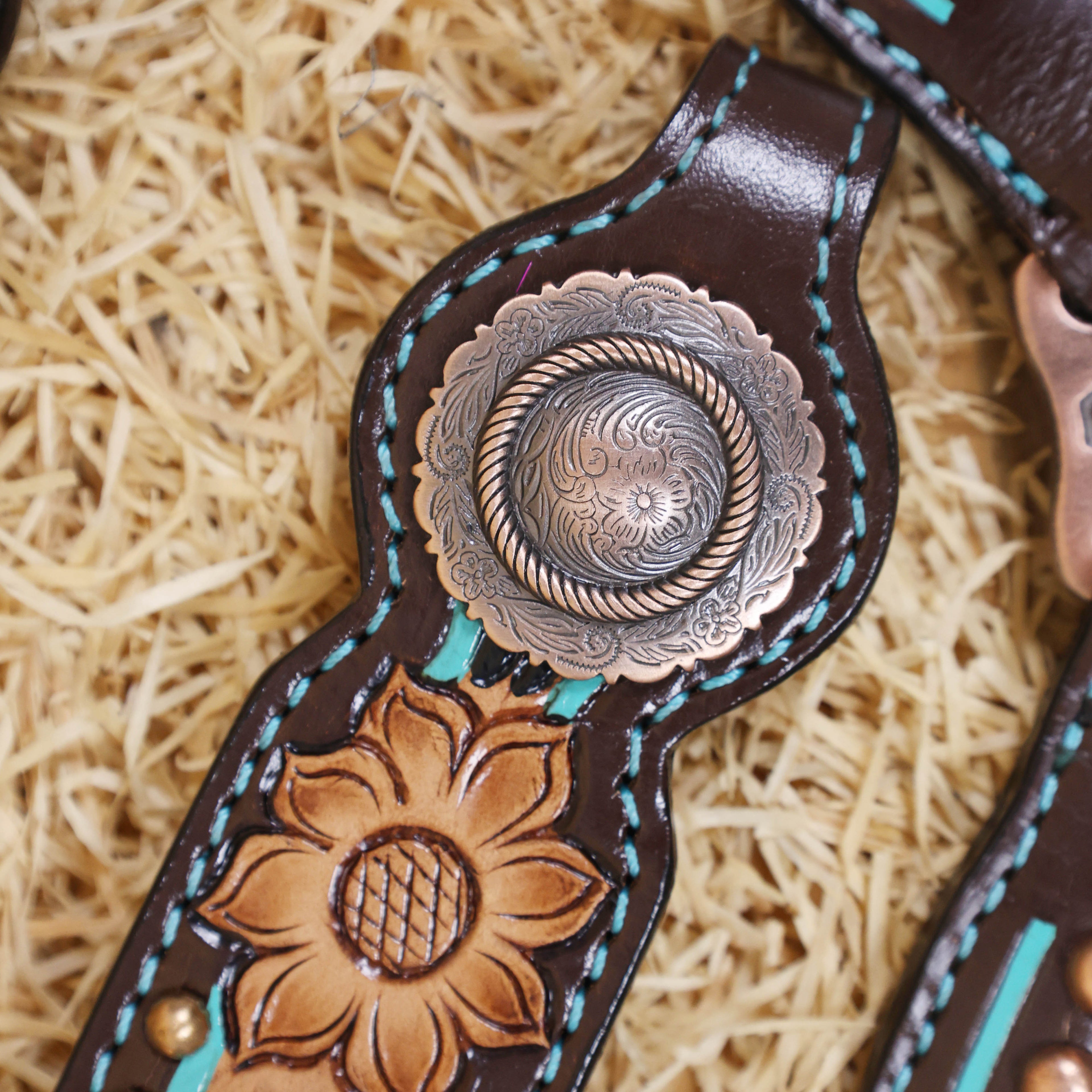 MOUSM Western Headstall and Breast Collar Set - Made with Argentina Cow Leather, Headstall Set Decorated with Leopard Fringe & Copper Studs on Breast Collar, Cheek Pieces and One-Ear