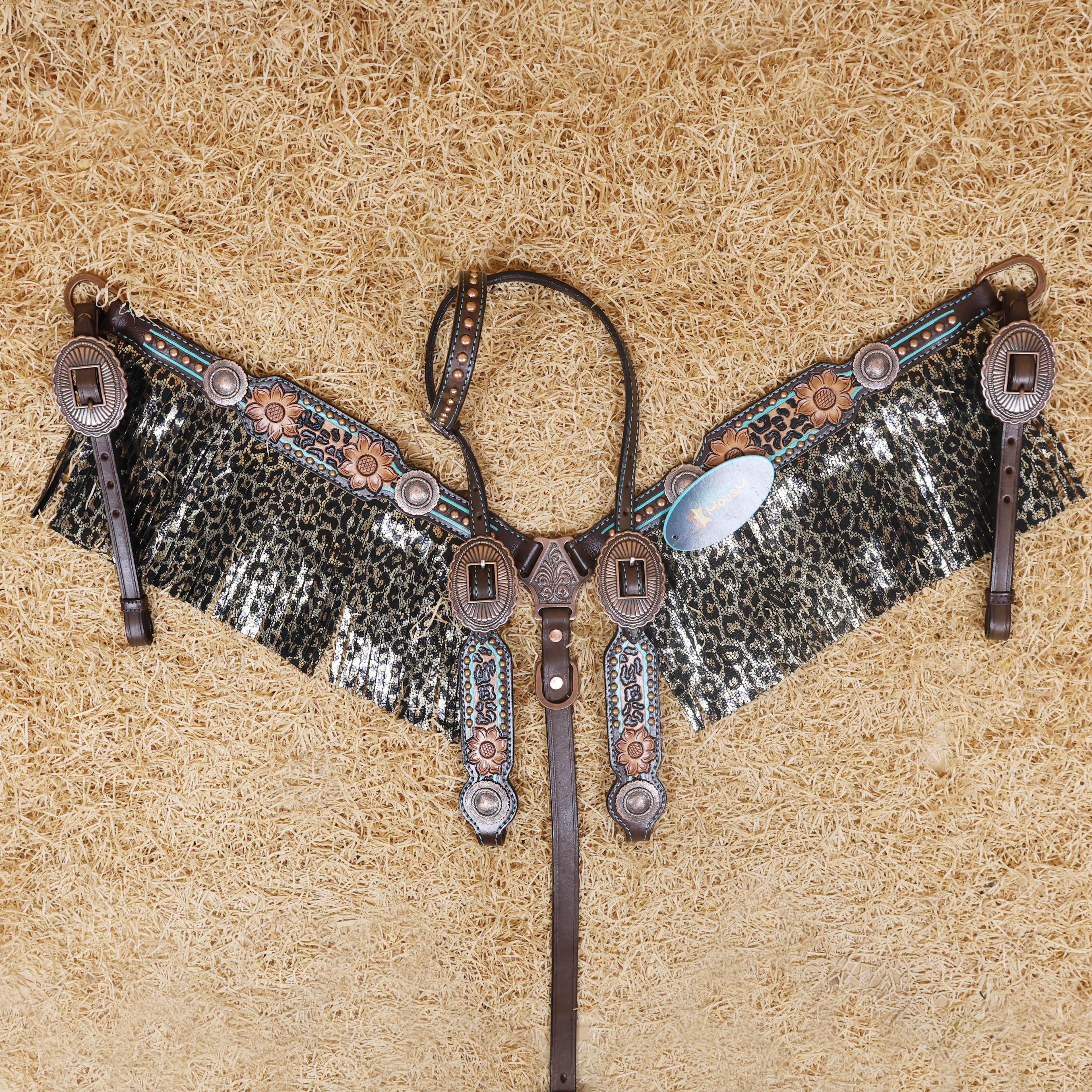 MOUSM Western Headstall and Breast Collar Set - Made with Argentina Cow Leather, Headstall Set Decorated with Leopard Fringe & Copper Studs on Breast Collar, Cheek Pieces and One-Ear