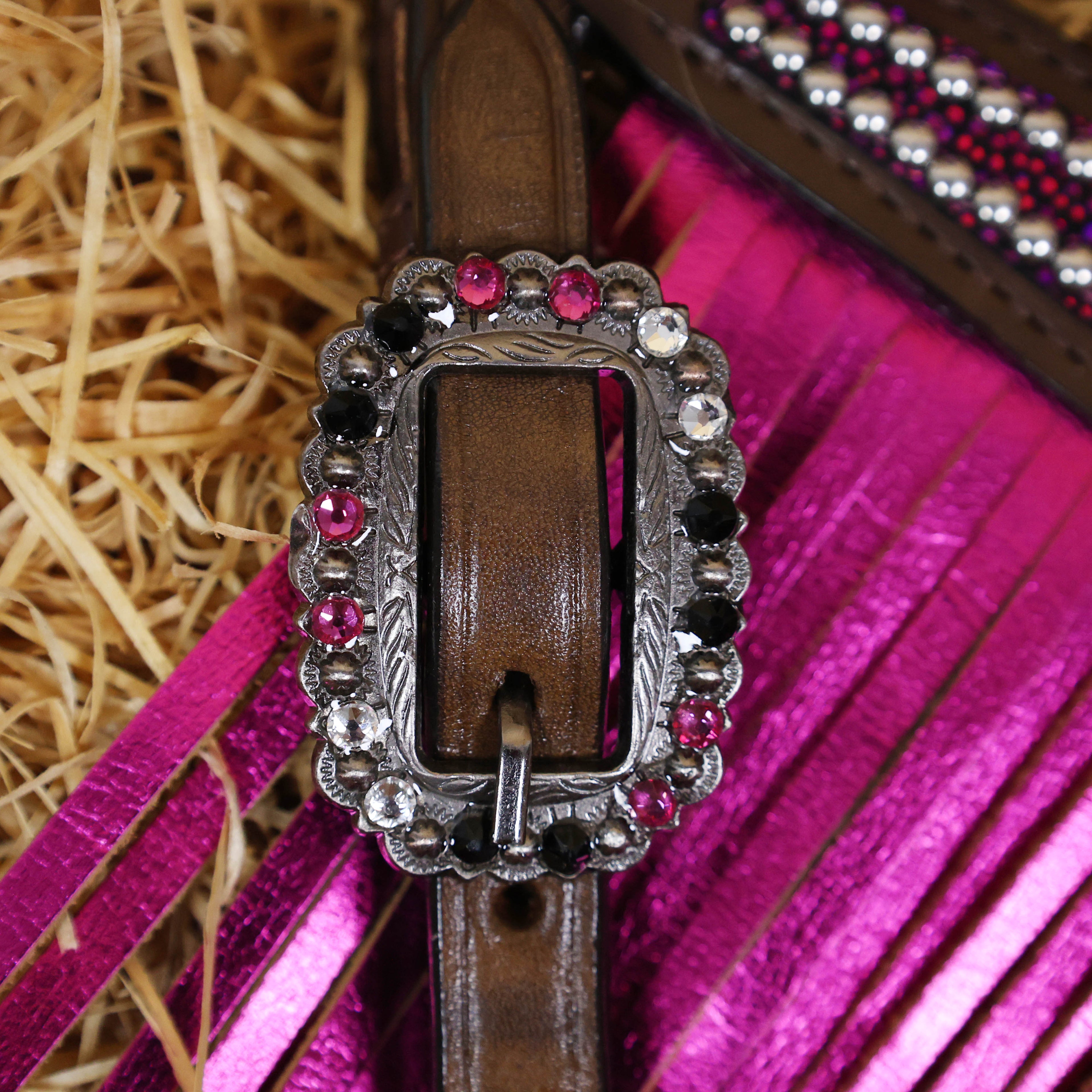 MOUSM Argentina Cow Leather Western Headstall Set - Breast Collar and Bridle Set Decorated with Holographic Pink and Purple Texture with Metallic Fringe and Nickel Studs Around Inlay