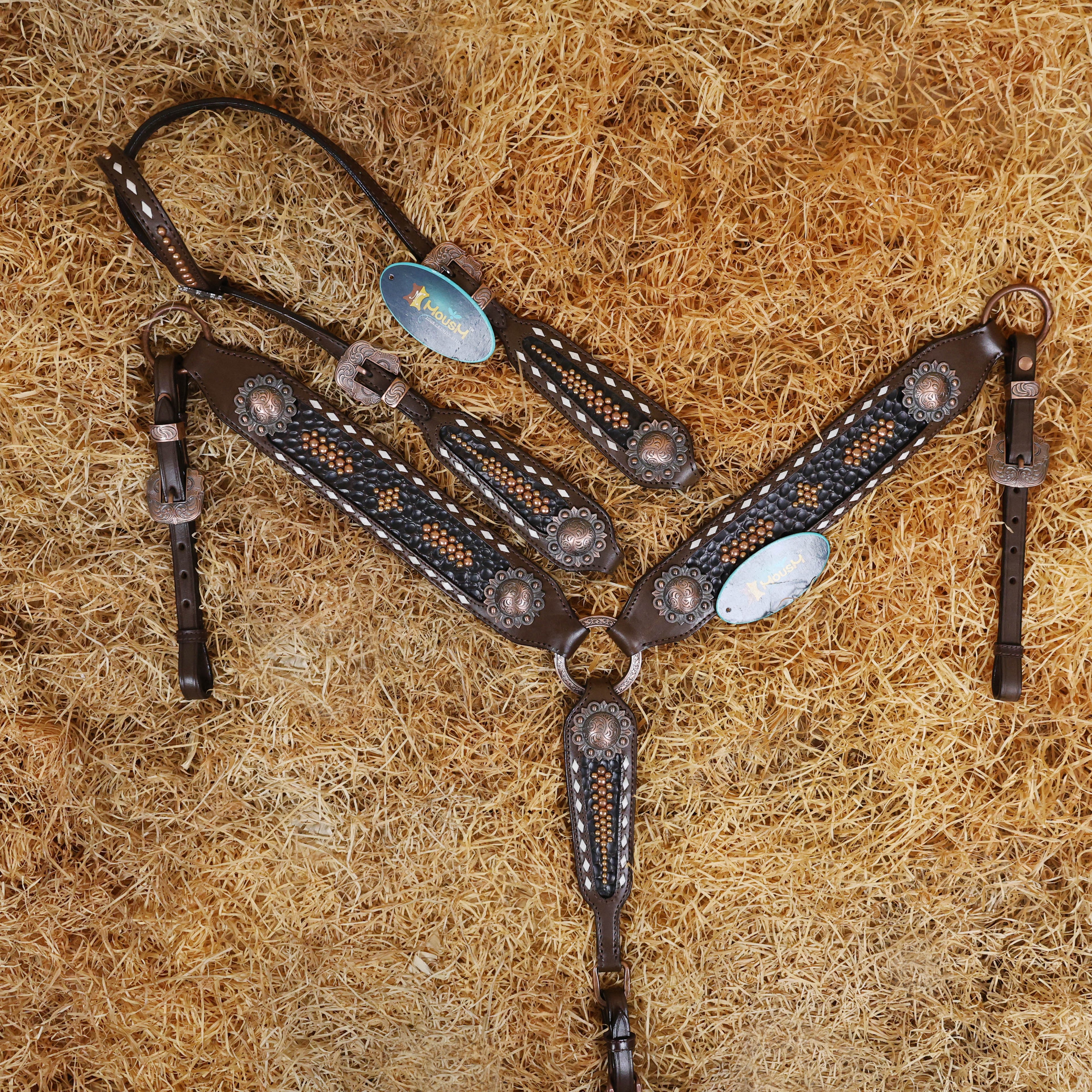 MOUSM Argentina Cow Leather Western Breast Collar and Bridle Set - Western Headstall Set Decorated with 3D Stone Print Leather with Copper Studs and White Rawhide Buck Stitching