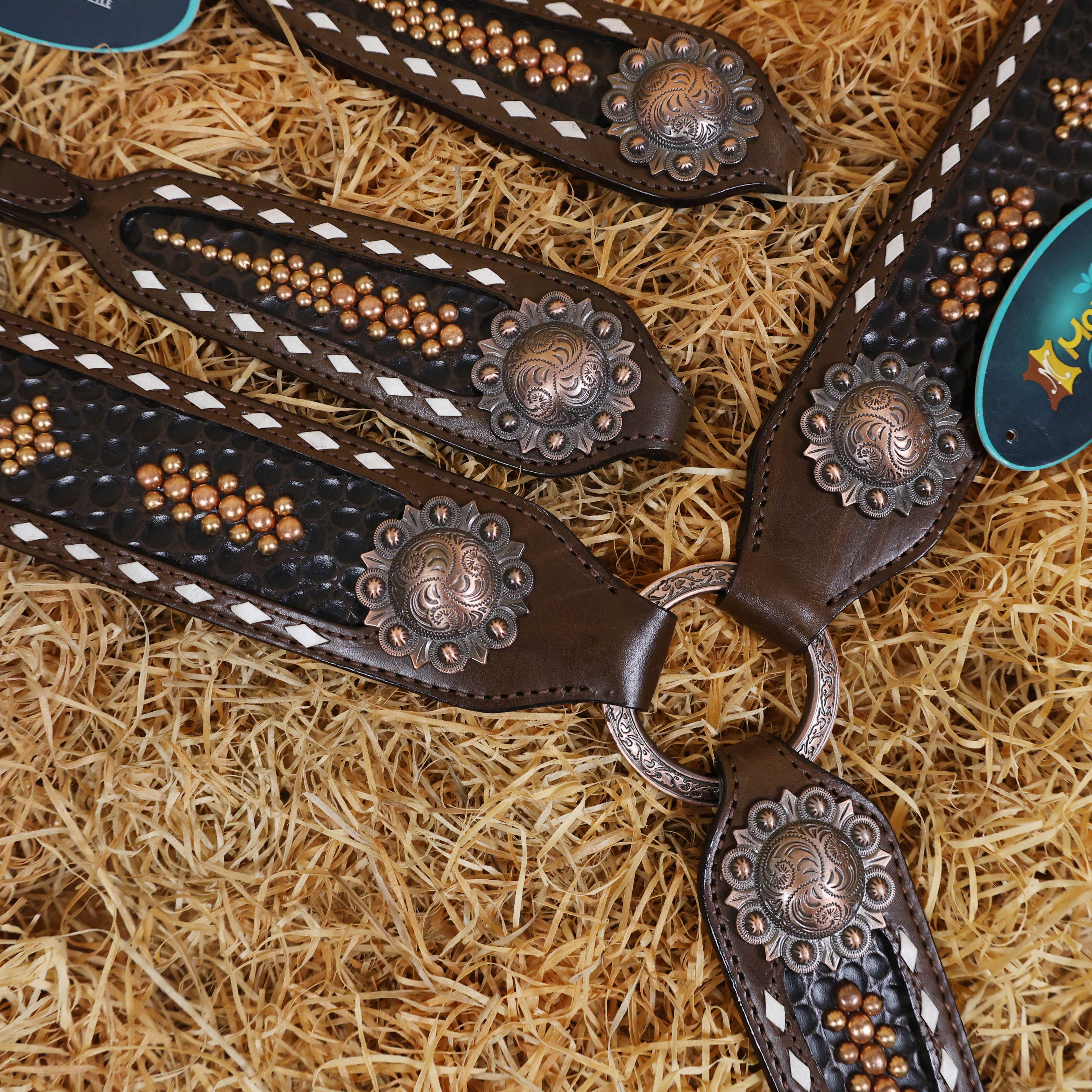 MOUSM Argentina Cow Leather Western Breast Collar and Bridle Set - Western Headstall Set Decorated with 3D Stone Print Leather with Copper Studs and White Rawhide Buck Stitching