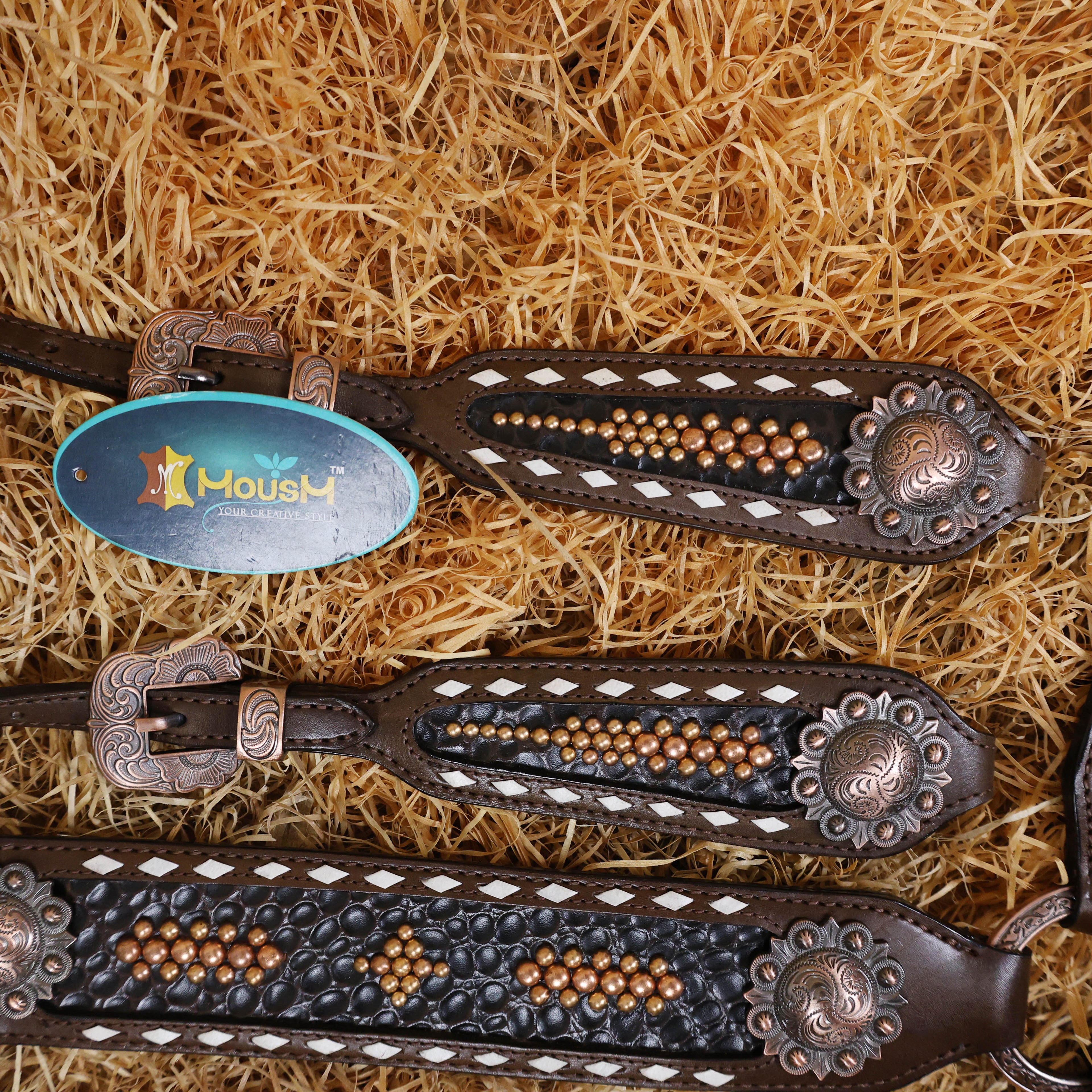 MOUSM Argentina Cow Leather Western Breast Collar and Bridle Set - Western Headstall Set Decorated with 3D Stone Print Leather with Copper Studs and White Rawhide Buck Stitching