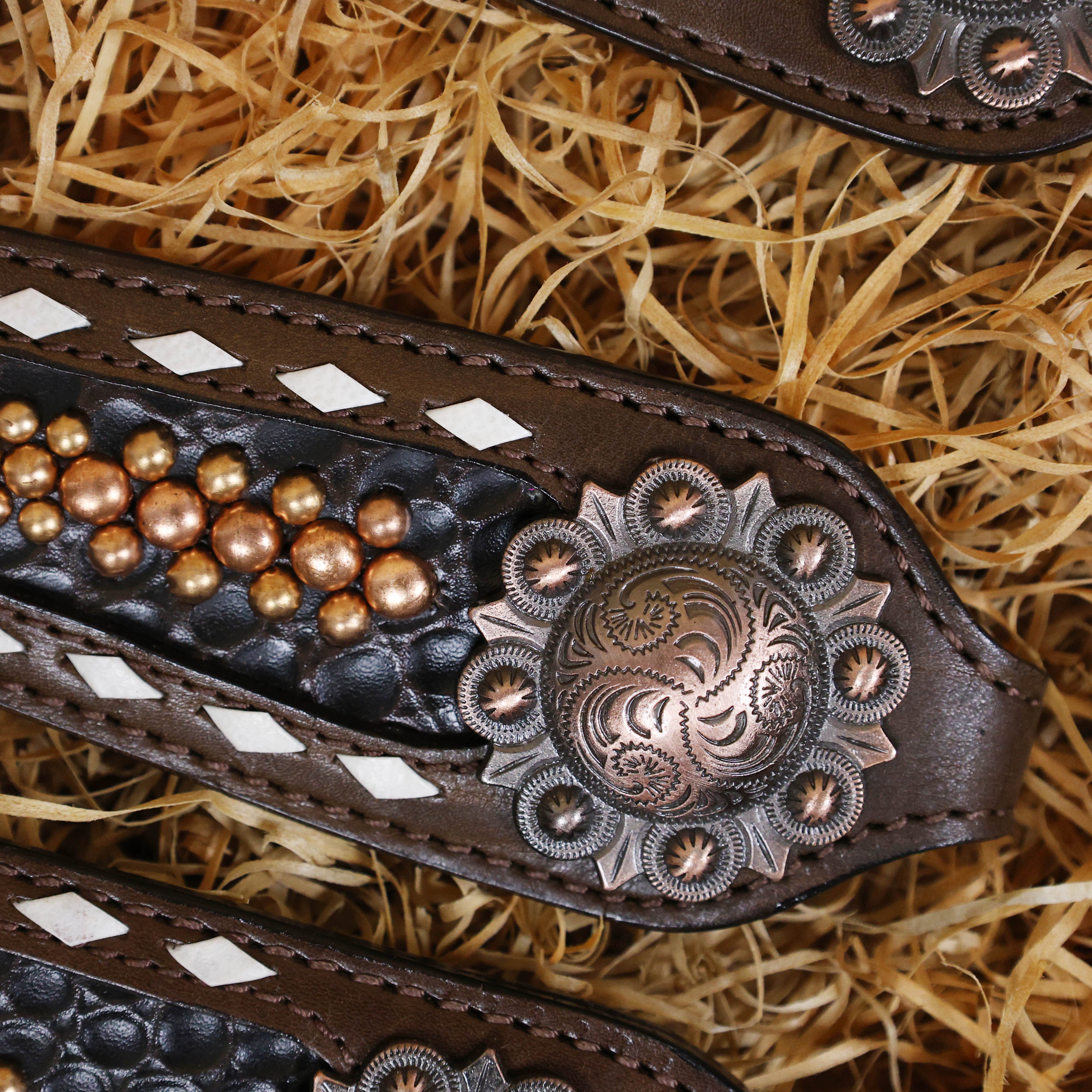 MOUSM Argentina Cow Leather Western Breast Collar and Bridle Set - Western Headstall Set Decorated with 3D Stone Print Leather with Copper Studs and White Rawhide Buck Stitching