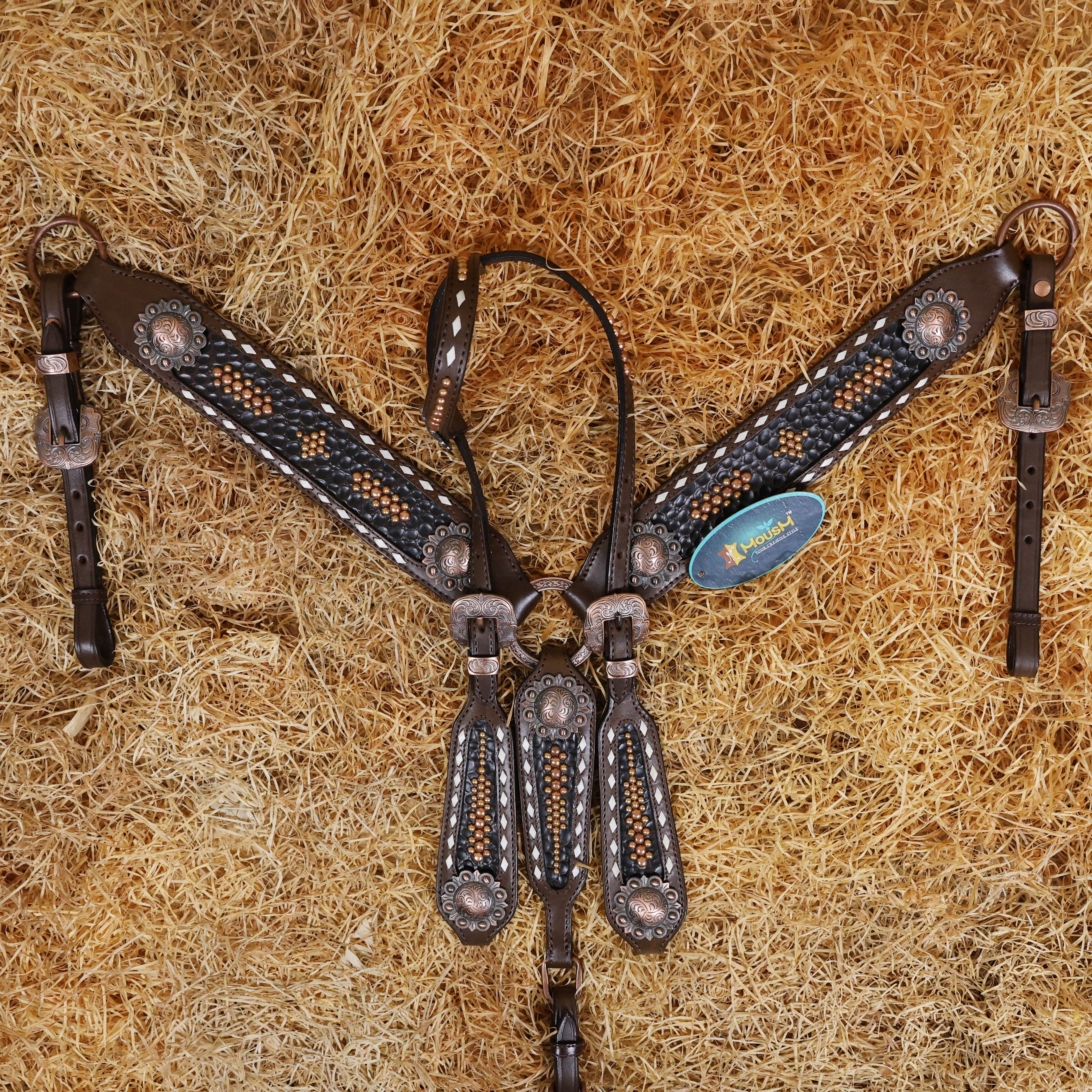 MOUSM Argentina Cow Leather Western Breast Collar and Bridle Set - Western Headstall Set Decorated with 3D Stone Print Leather with Copper Studs and White Rawhide Buck Stitching