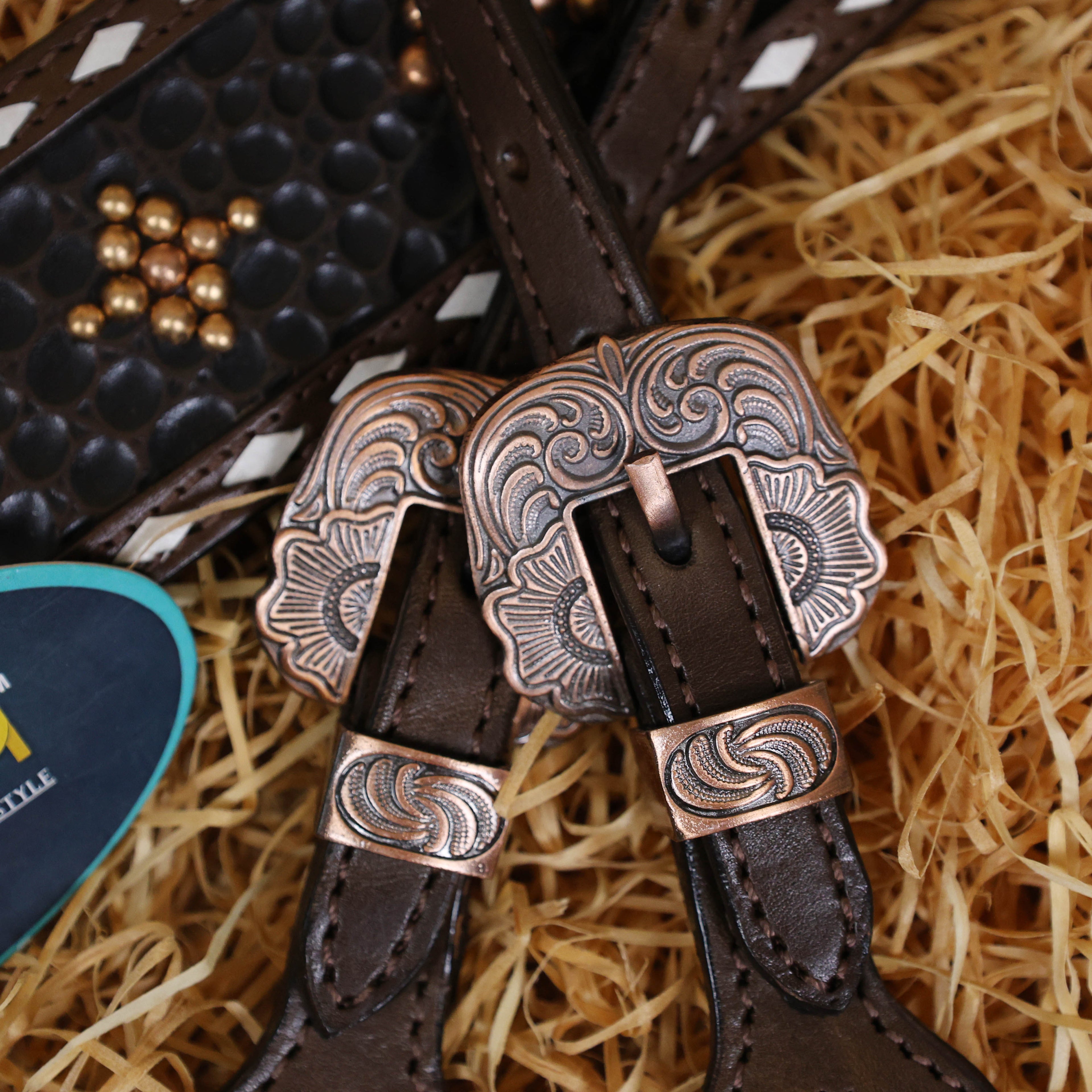 MOUSM Argentina Cow Leather Western Breast Collar and Bridle Set - Western Headstall Set Decorated with 3D Stone Print Leather with Copper Studs and White Rawhide Buck Stitching