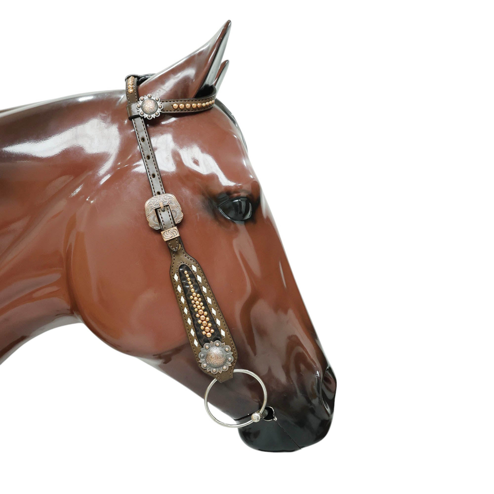 MOUSM Argentina Cow Leather Western Breast Collar and Bridle Set - Western Headstall Set Decorated with 3D Stone Print Leather with Copper Studs and White Rawhide Buck Stitching