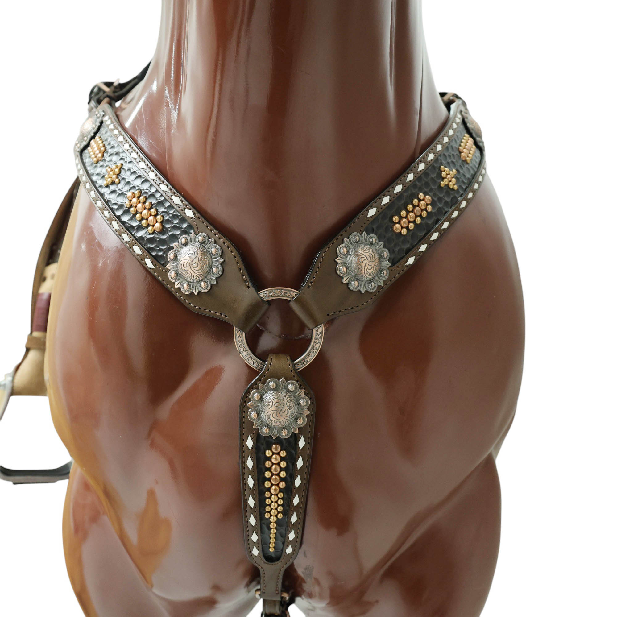 MOUSM Argentina Cow Leather Western Breast Collar and Bridle Set - Western Headstall Set Decorated with 3D Stone Print Leather with Copper Studs and White Rawhide Buck Stitching