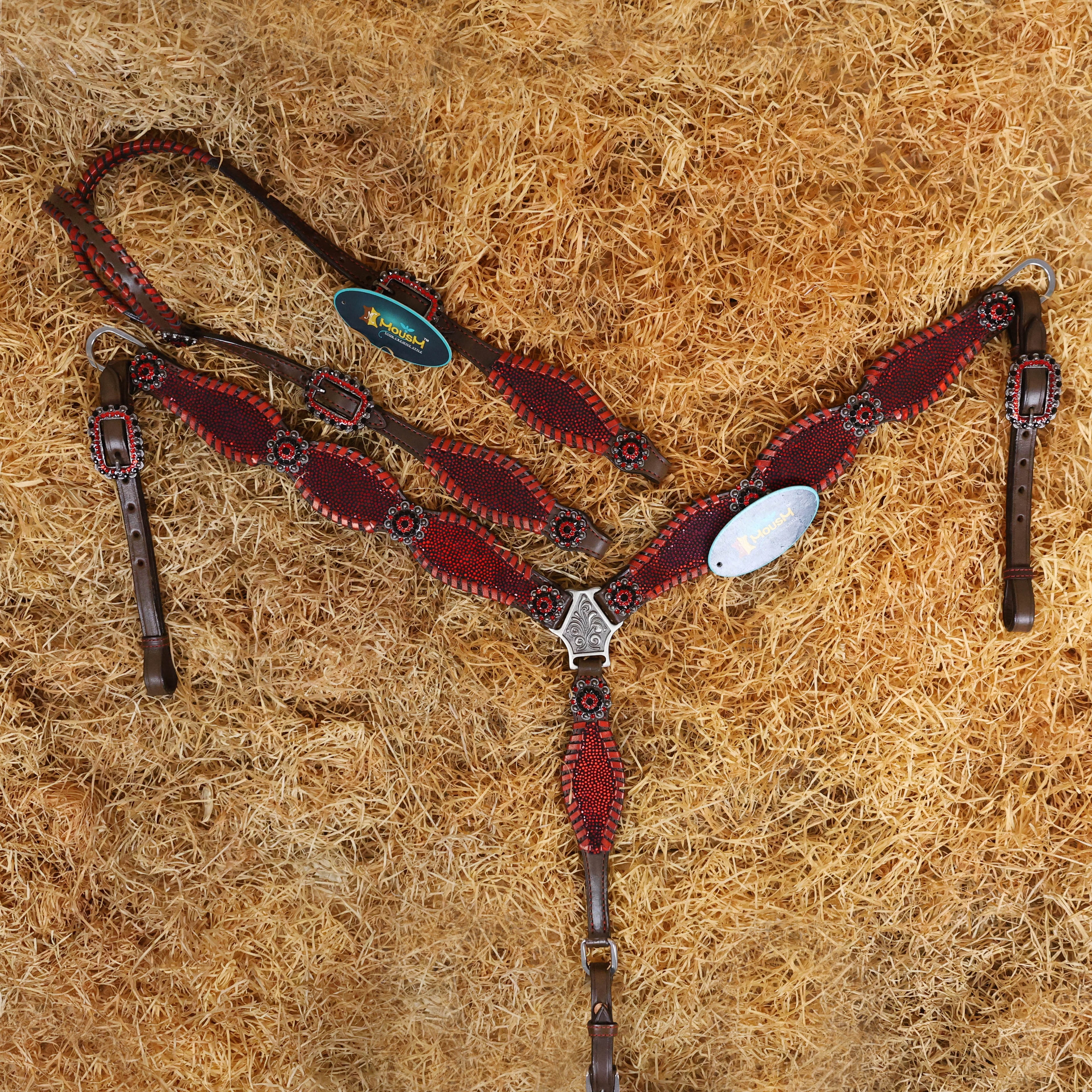 MOUSM Argentina Cow Leather Western Breast Collar and Bridle Set - Western Headstall Set Decorated with Vibrant Red Holographic Print and Red Metallic Whip Stitching