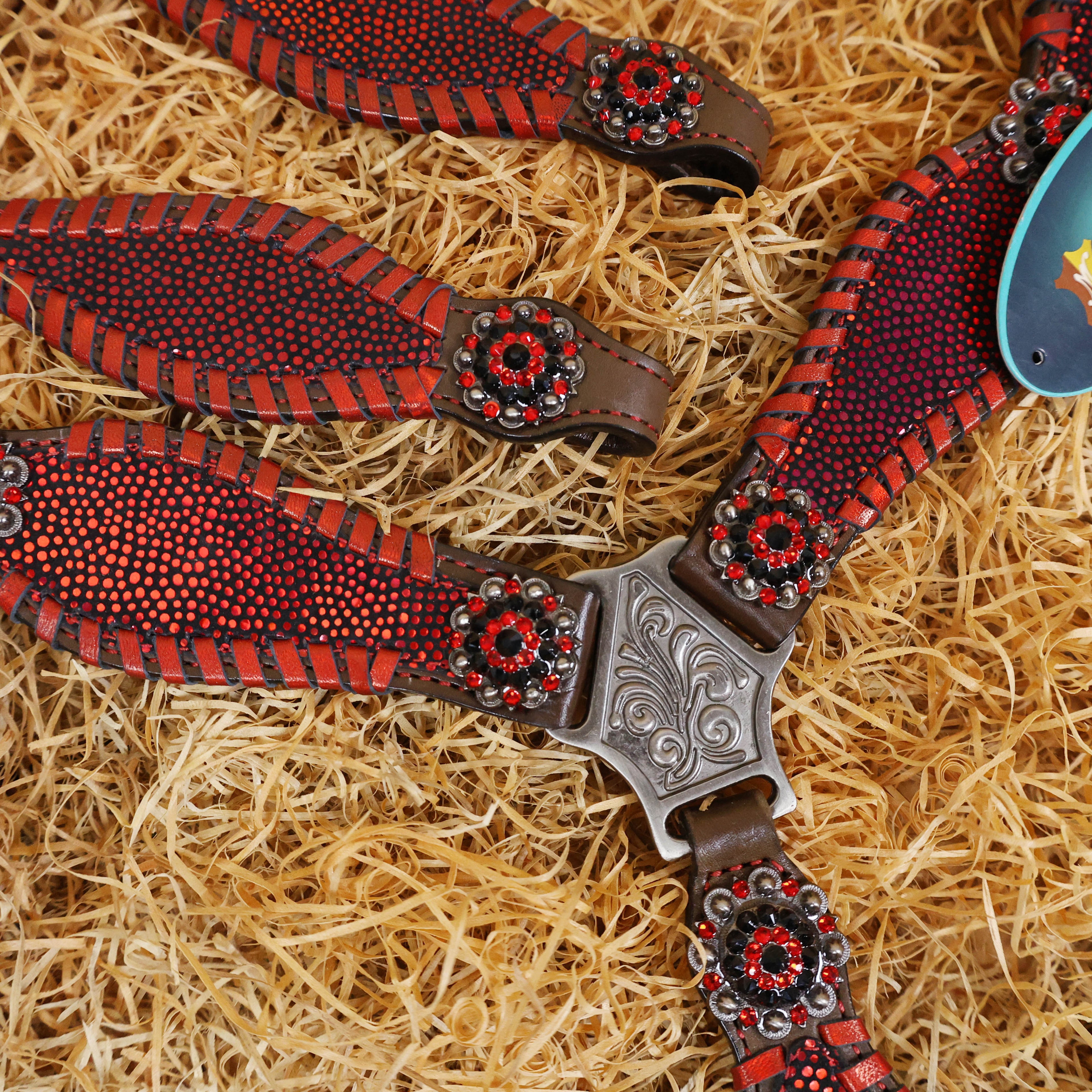 MOUSM Argentina Cow Leather Western Breast Collar and Bridle Set - Western Headstall Set Decorated with Vibrant Red Holographic Print and Red Metallic Whip Stitching