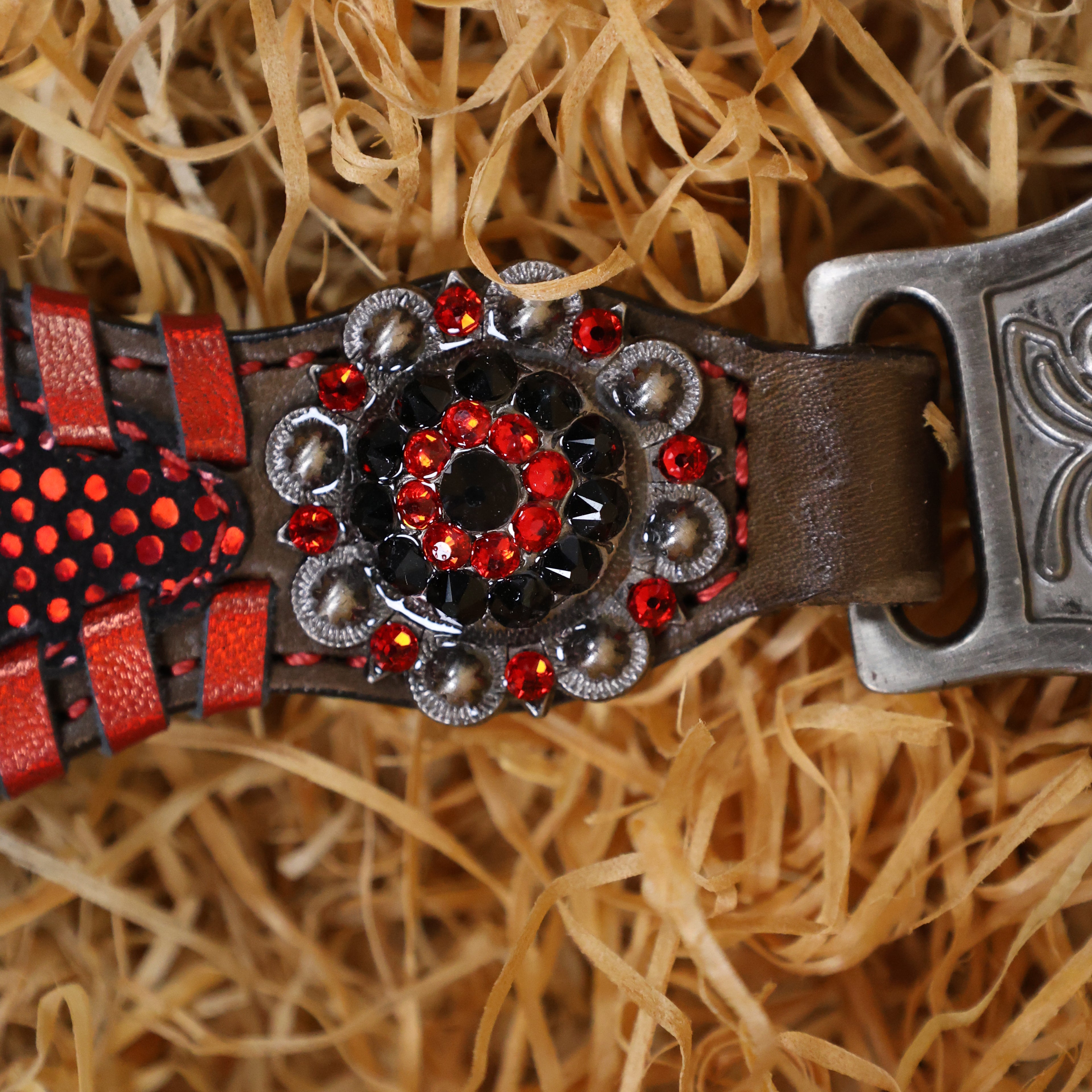 MOUSM Argentina Cow Leather Western Breast Collar and Bridle Set - Western Headstall Set Decorated with Vibrant Red Holographic Print and Red Metallic Whip Stitching
