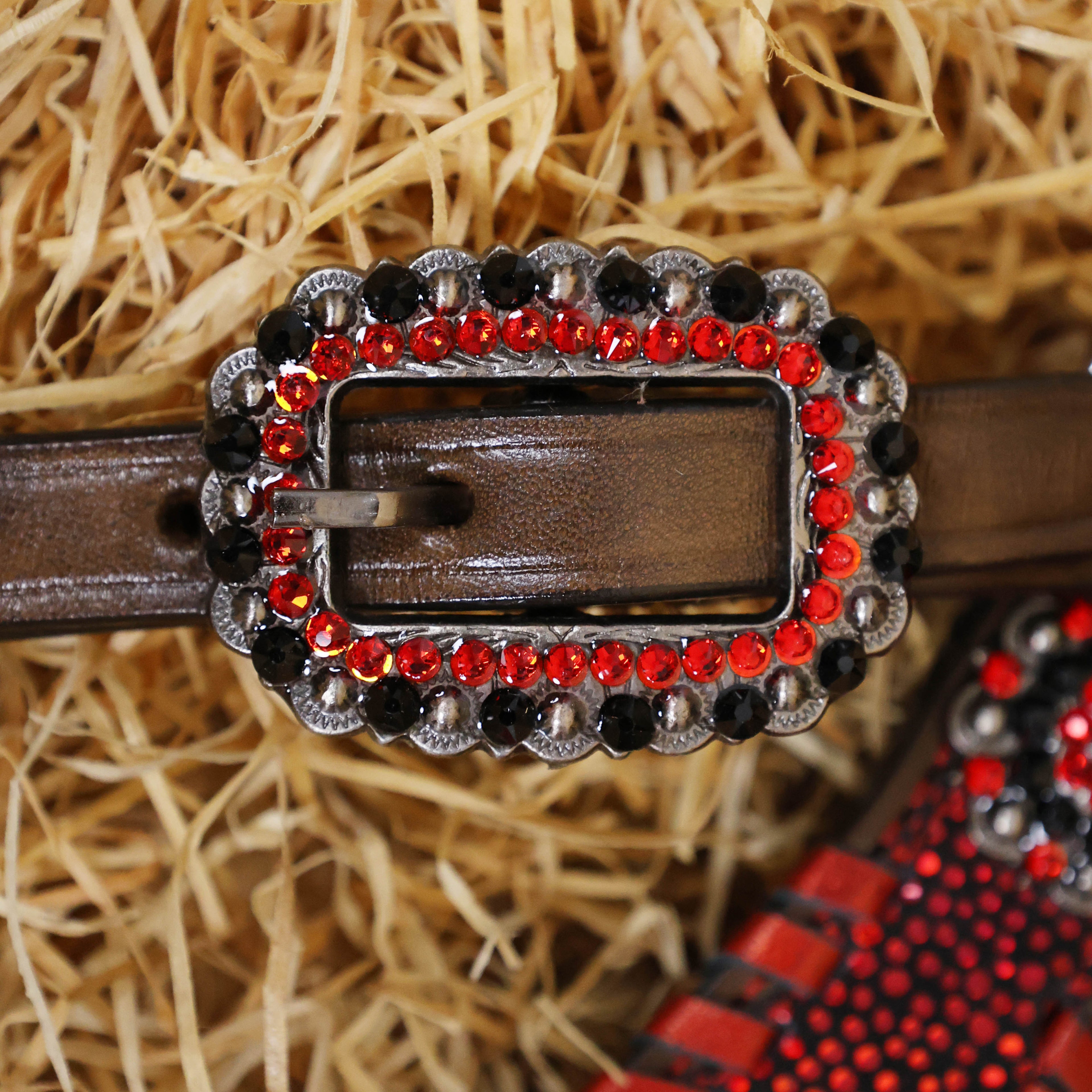 MOUSM Argentina Cow Leather Western Breast Collar and Bridle Set - Western Headstall Set Decorated with Vibrant Red Holographic Print and Red Metallic Whip Stitching