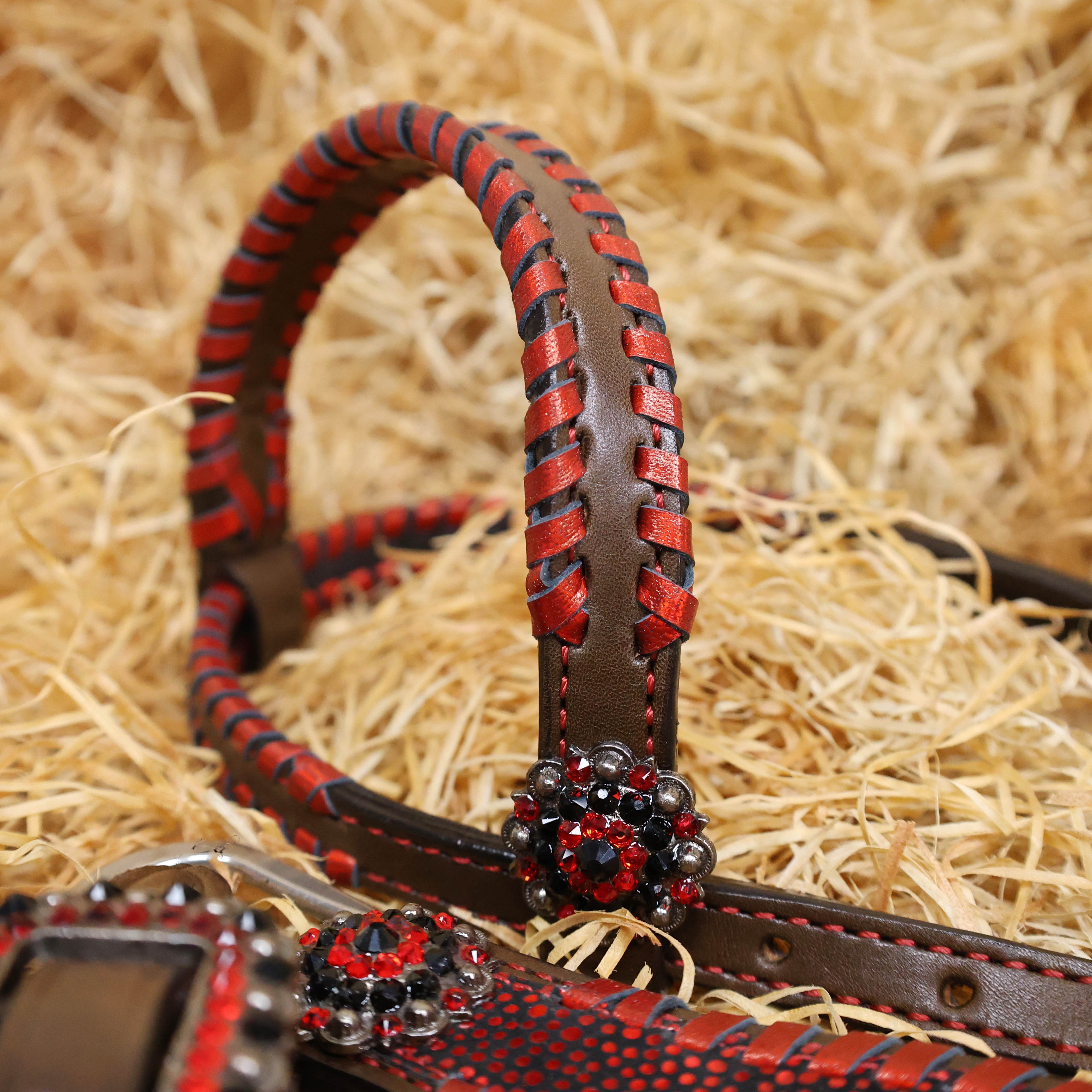 MOUSM Argentina Cow Leather Western Breast Collar and Bridle Set - Western Headstall Set Decorated with Vibrant Red Holographic Print and Red Metallic Whip Stitching