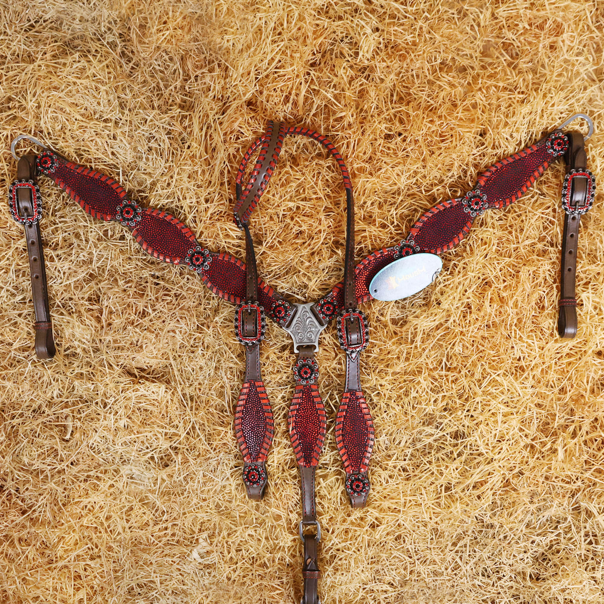 Vibrant Red Holographic Print and Whip Stitching Headstall Set