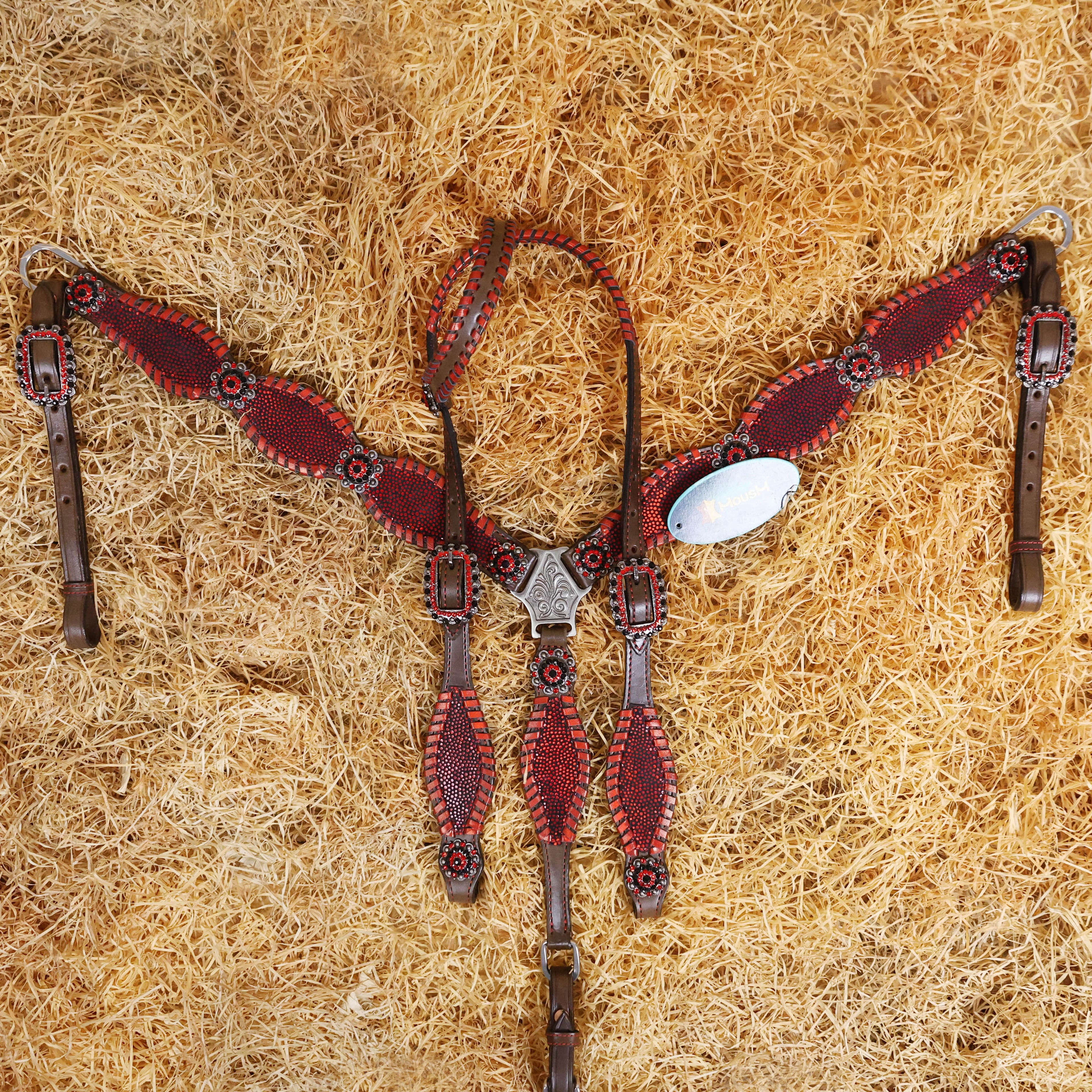MOUSM Argentina Cow Leather Western Breast Collar and Bridle Set - Western Headstall Set Decorated with Vibrant Red Holographic Print and Red Metallic Whip Stitching