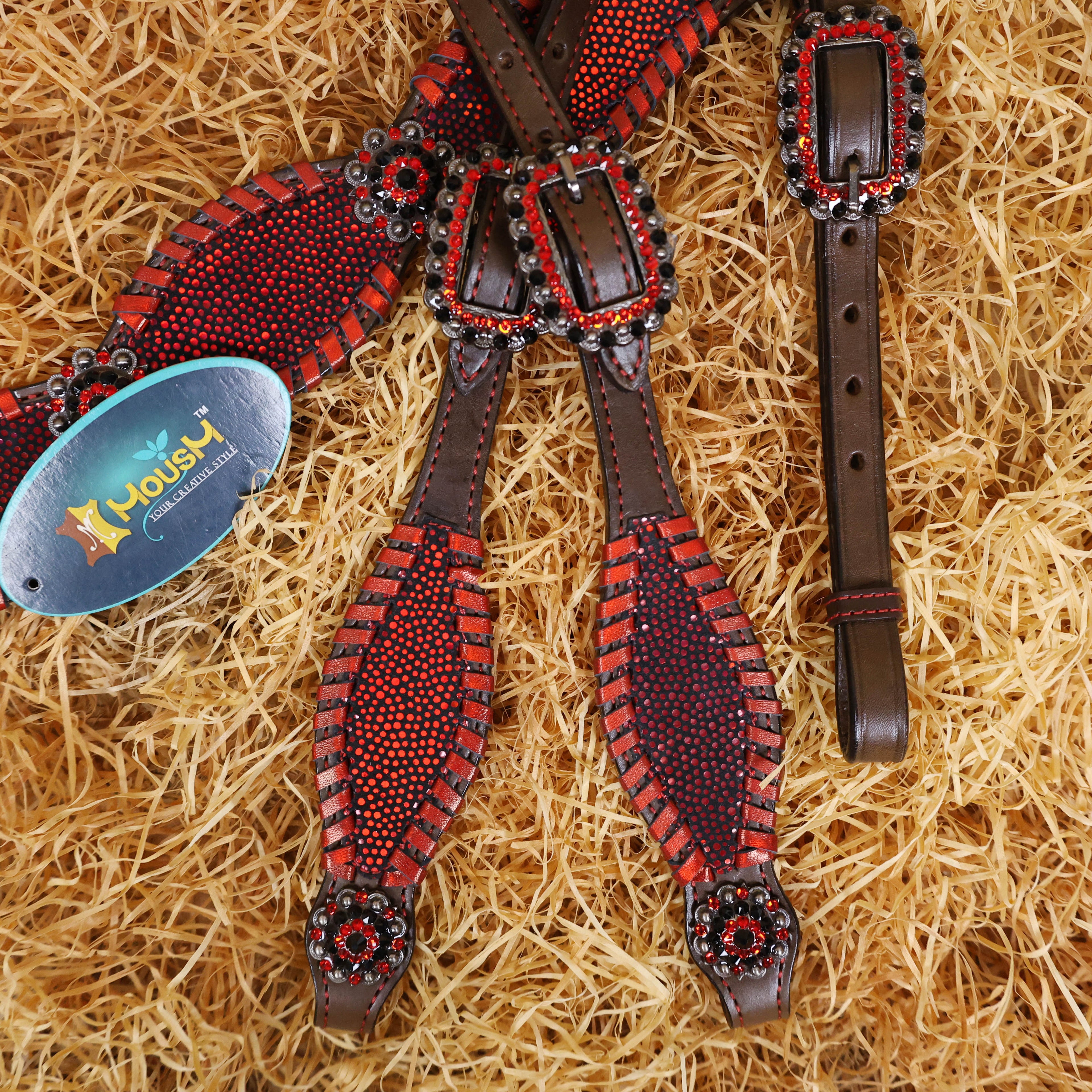 MOUSM Argentina Cow Leather Western Breast Collar and Bridle Set - Western Headstall Set Decorated with Vibrant Red Holographic Print and Red Metallic Whip Stitching