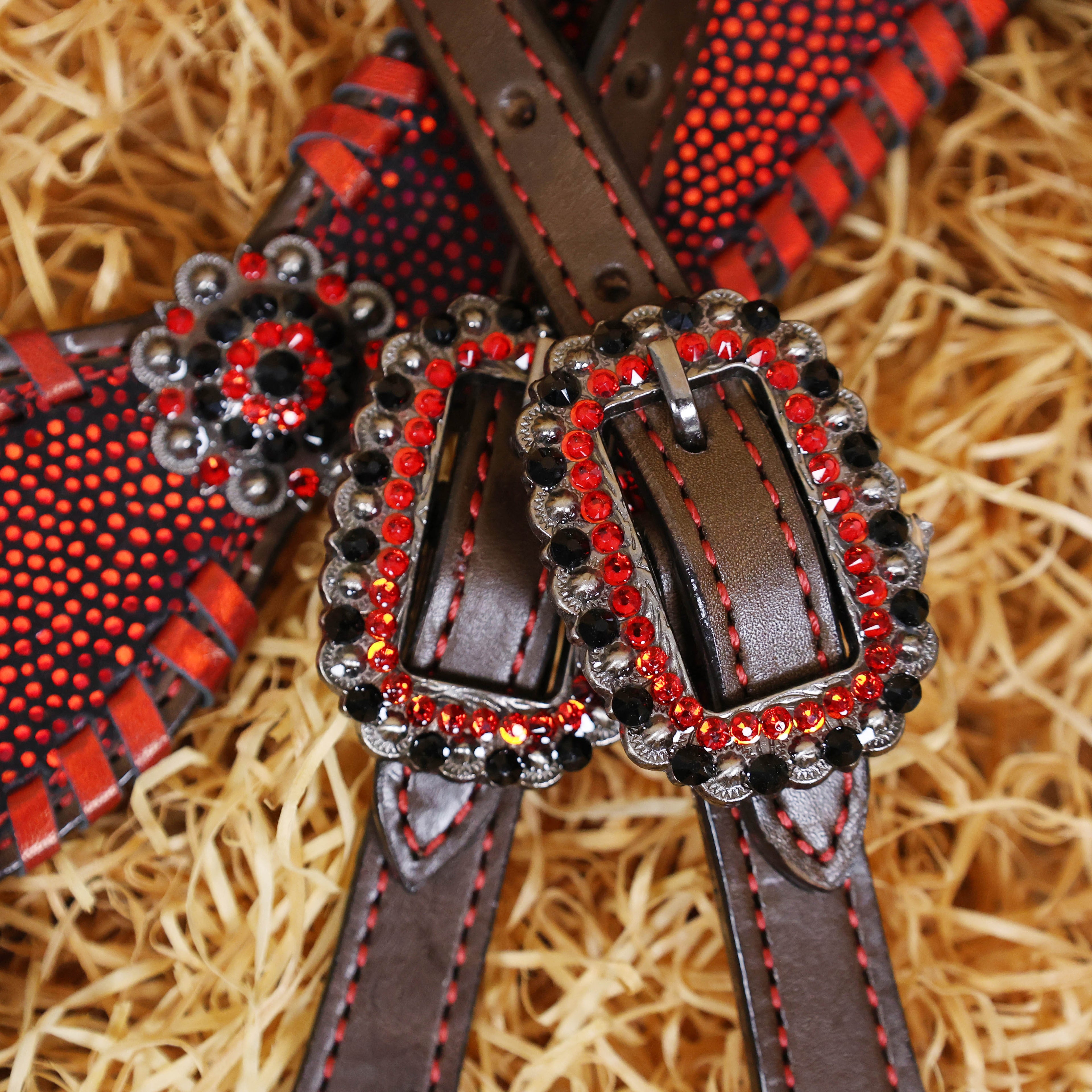 MOUSM Argentina Cow Leather Western Breast Collar and Bridle Set - Western Headstall Set Decorated with Vibrant Red Holographic Print and Red Metallic Whip Stitching