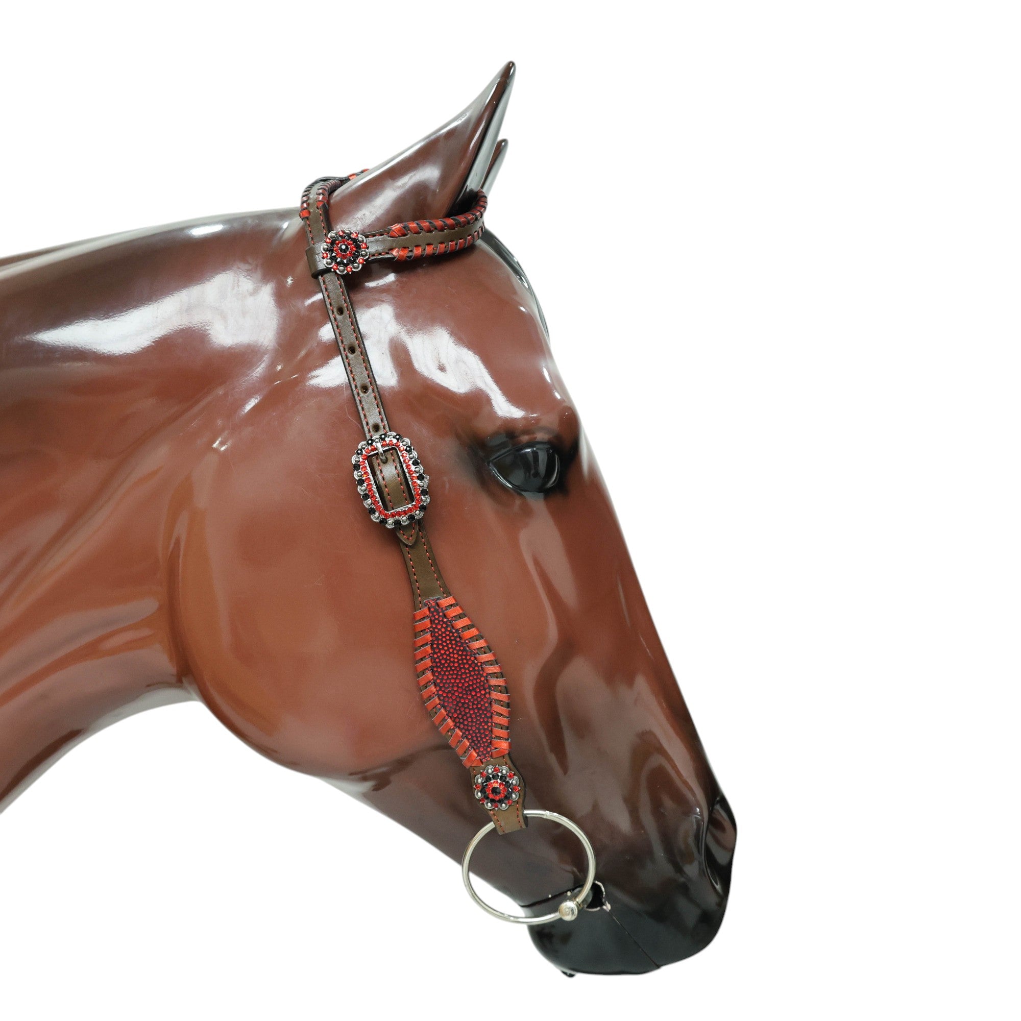 MOUSM Argentina Cow Leather Western Breast Collar and Bridle Set - Western Headstall Set Decorated with Vibrant Red Holographic Print and Red Metallic Whip Stitching