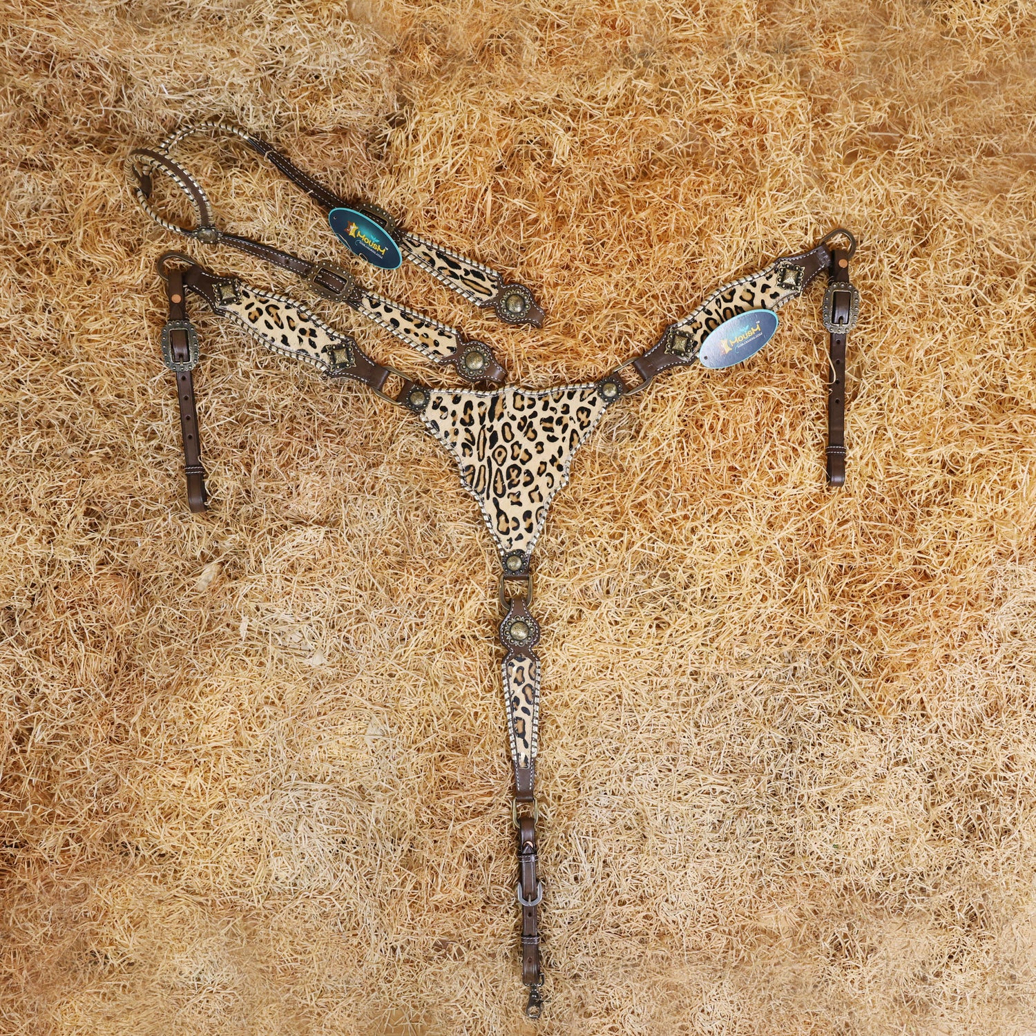 MOUSM Argentina Cow Leather Headstall and Breast Collar Set - Western Horse Tack Set Decorated with Jaguar Print Cowhide with Golden Whip Stitching