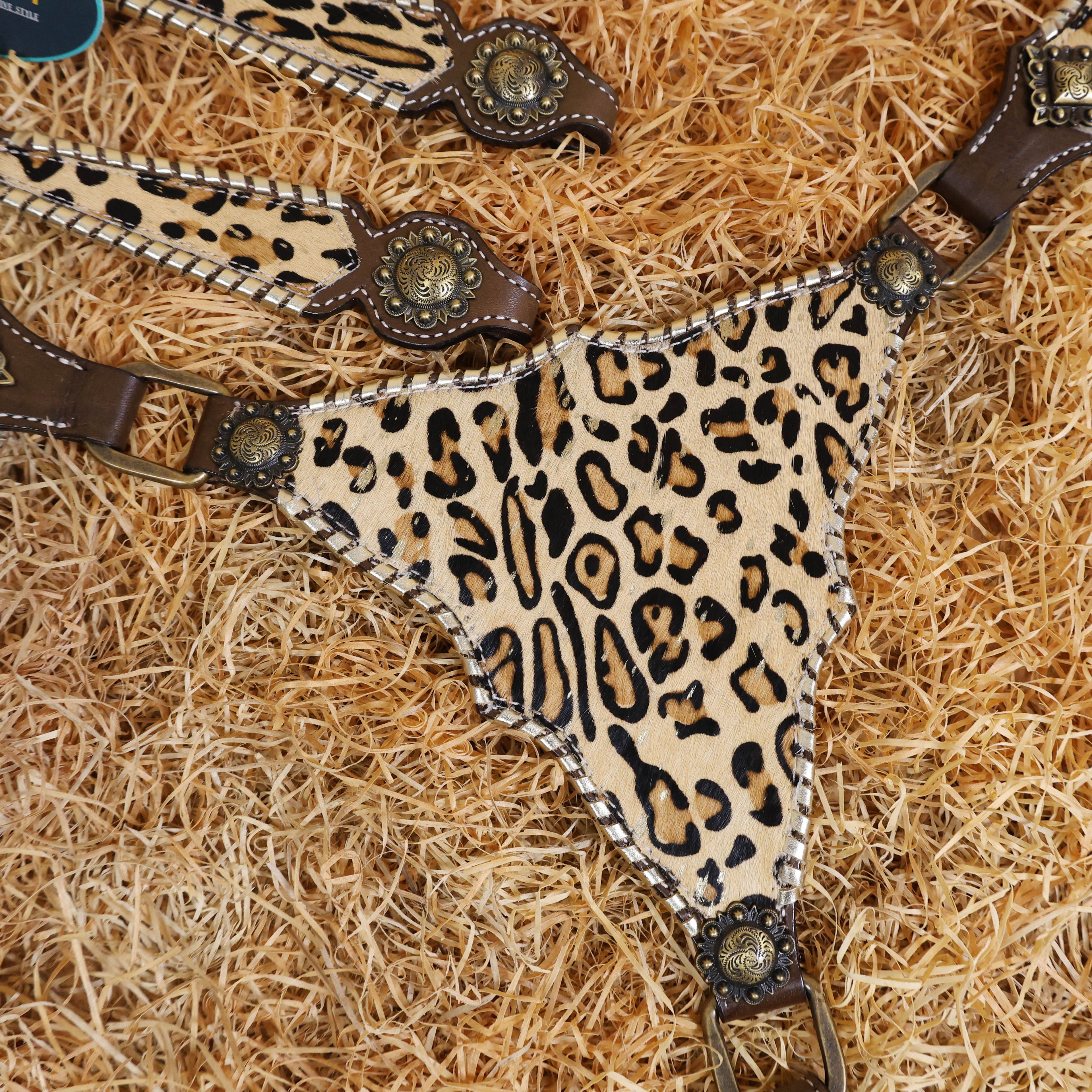 MOUSM Argentina Cow Leather Headstall and Breast Collar Set - Western Horse Tack Set Decorated with Jaguar Print Cowhide with Golden Whip Stitching