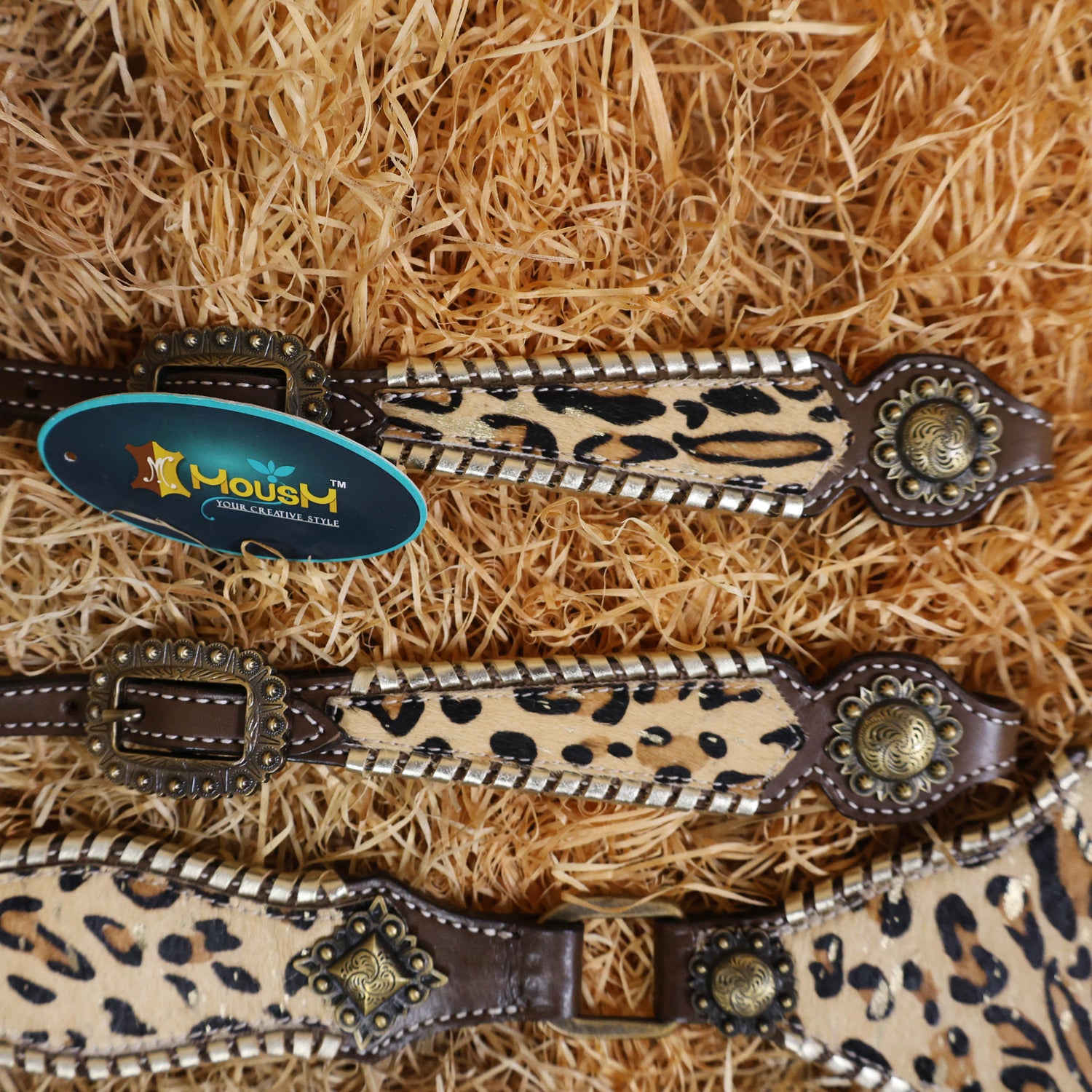MOUSM Argentina Cow Leather Headstall and Breast Collar Set - Western Horse Tack Set Decorated with Jaguar Print Cowhide with Golden Whip Stitching