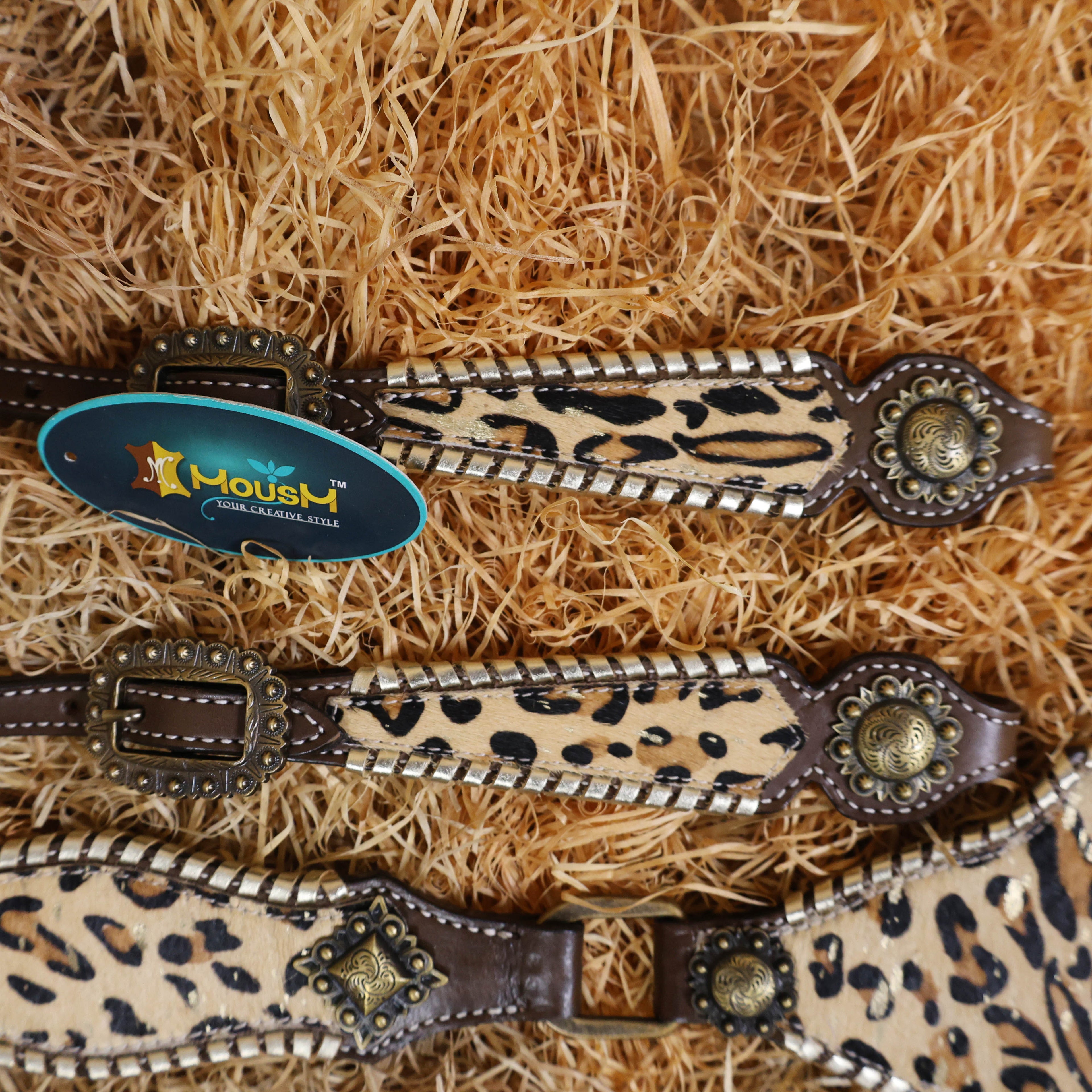 MOUSM Argentina Cow Leather Headstall and Breast Collar Set - Western Horse Tack Set Decorated with Jaguar Print Cowhide with Golden Whip Stitching