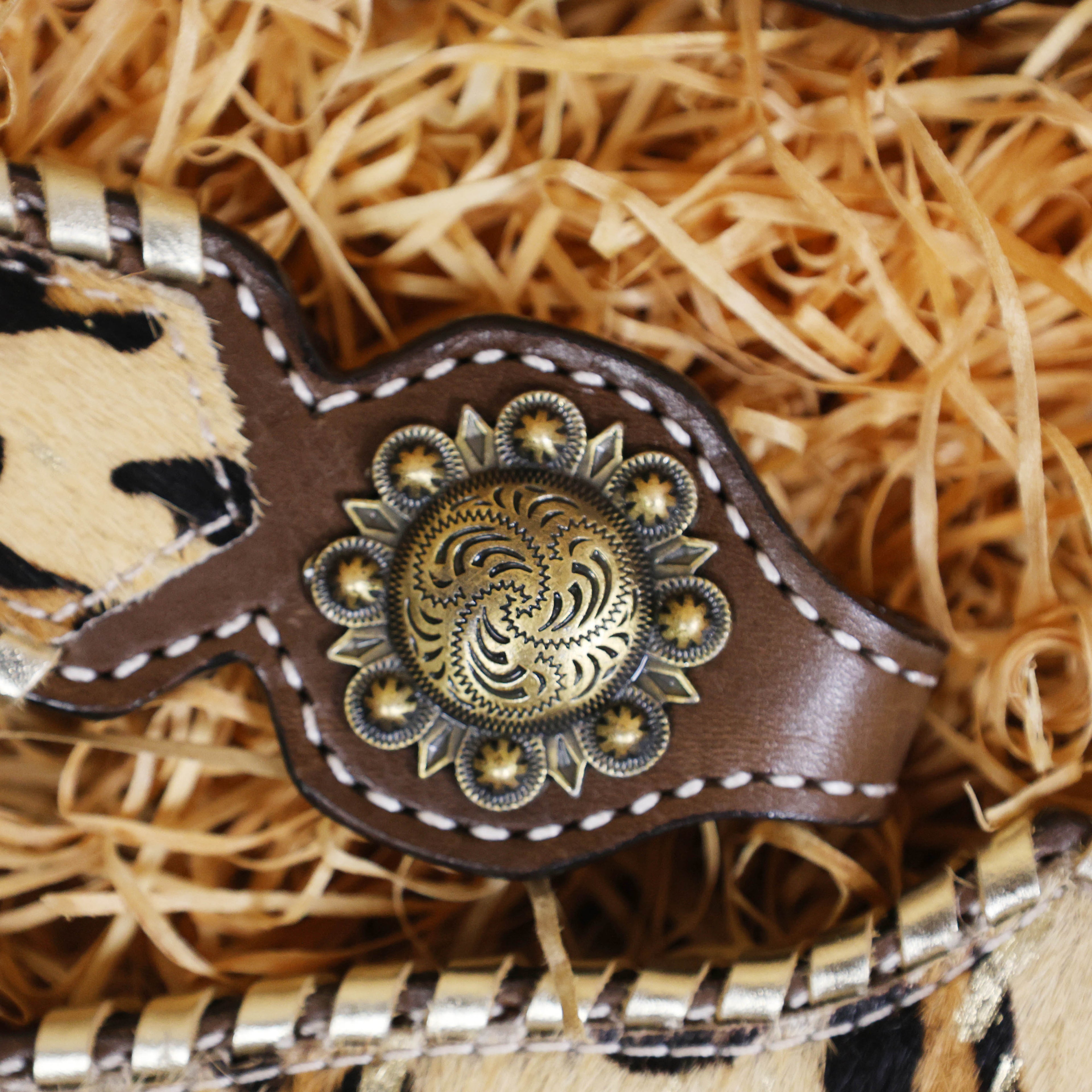 MOUSM Argentina Cow Leather Headstall and Breast Collar Set - Western Horse Tack Set Decorated with Jaguar Print Cowhide with Golden Whip Stitching