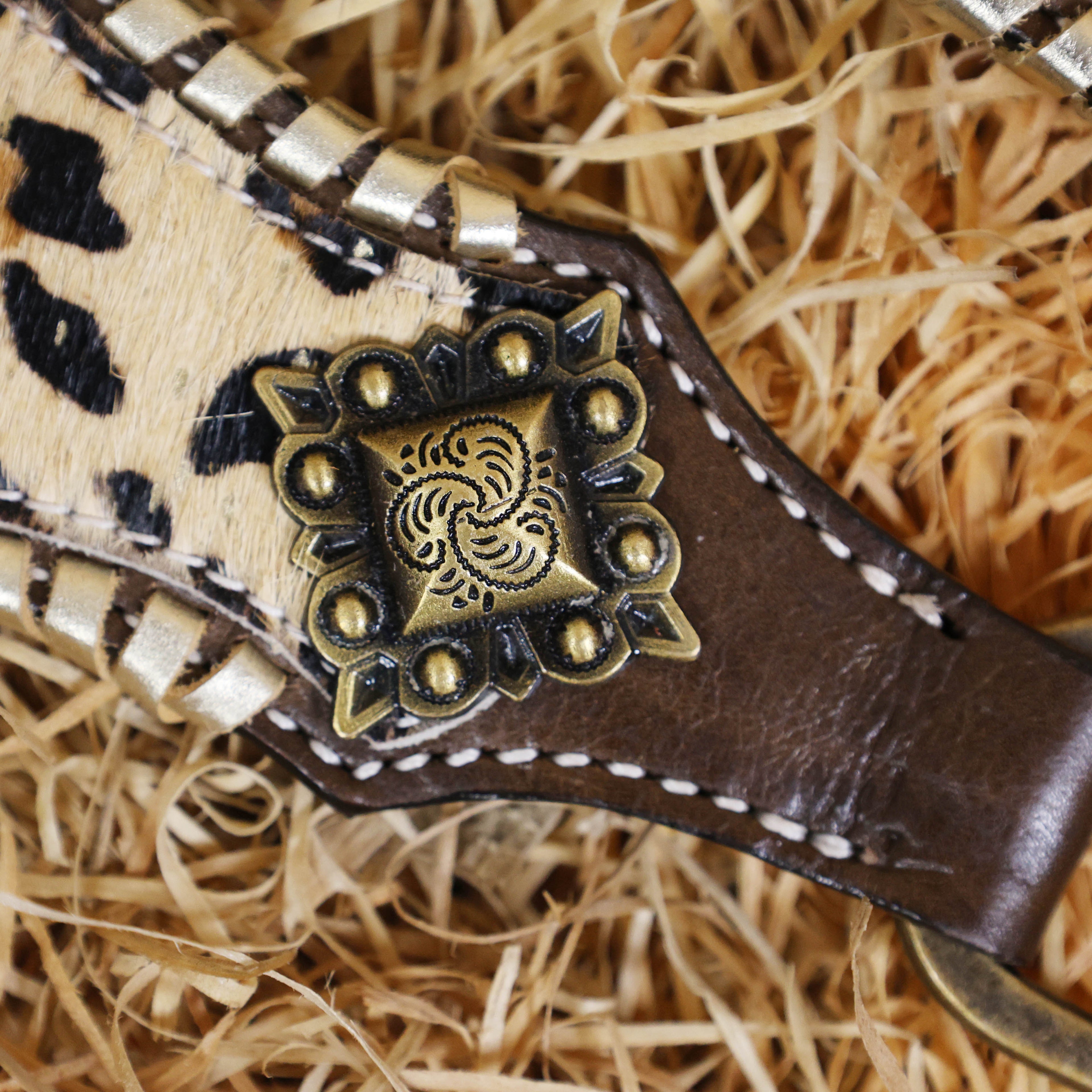 MOUSM Argentina Cow Leather Headstall and Breast Collar Set - Western Horse Tack Set Decorated with Jaguar Print Cowhide with Golden Whip Stitching