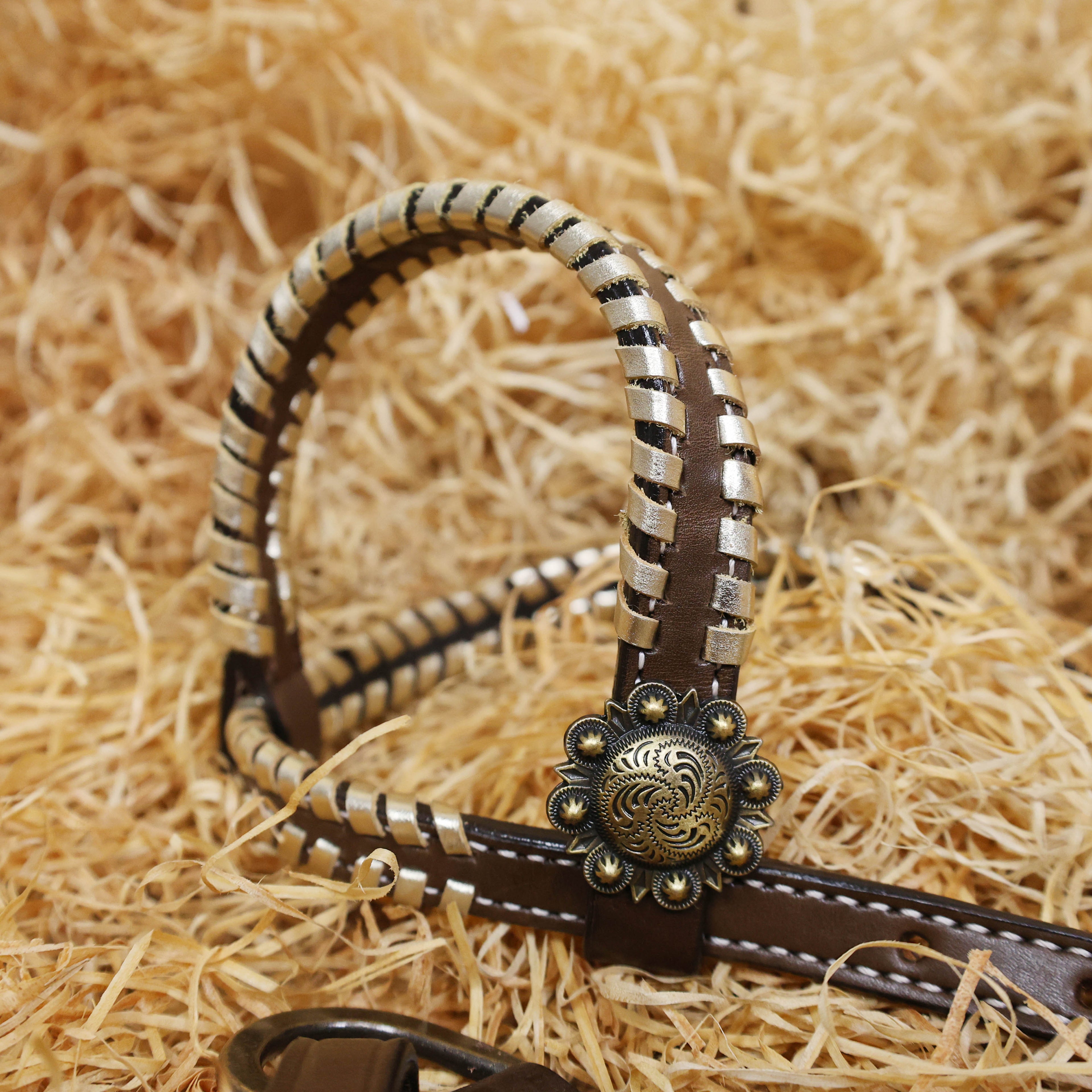 MOUSM Argentina Cow Leather Headstall and Breast Collar Set - Western Horse Tack Set Decorated with Jaguar Print Cowhide with Golden Whip Stitching