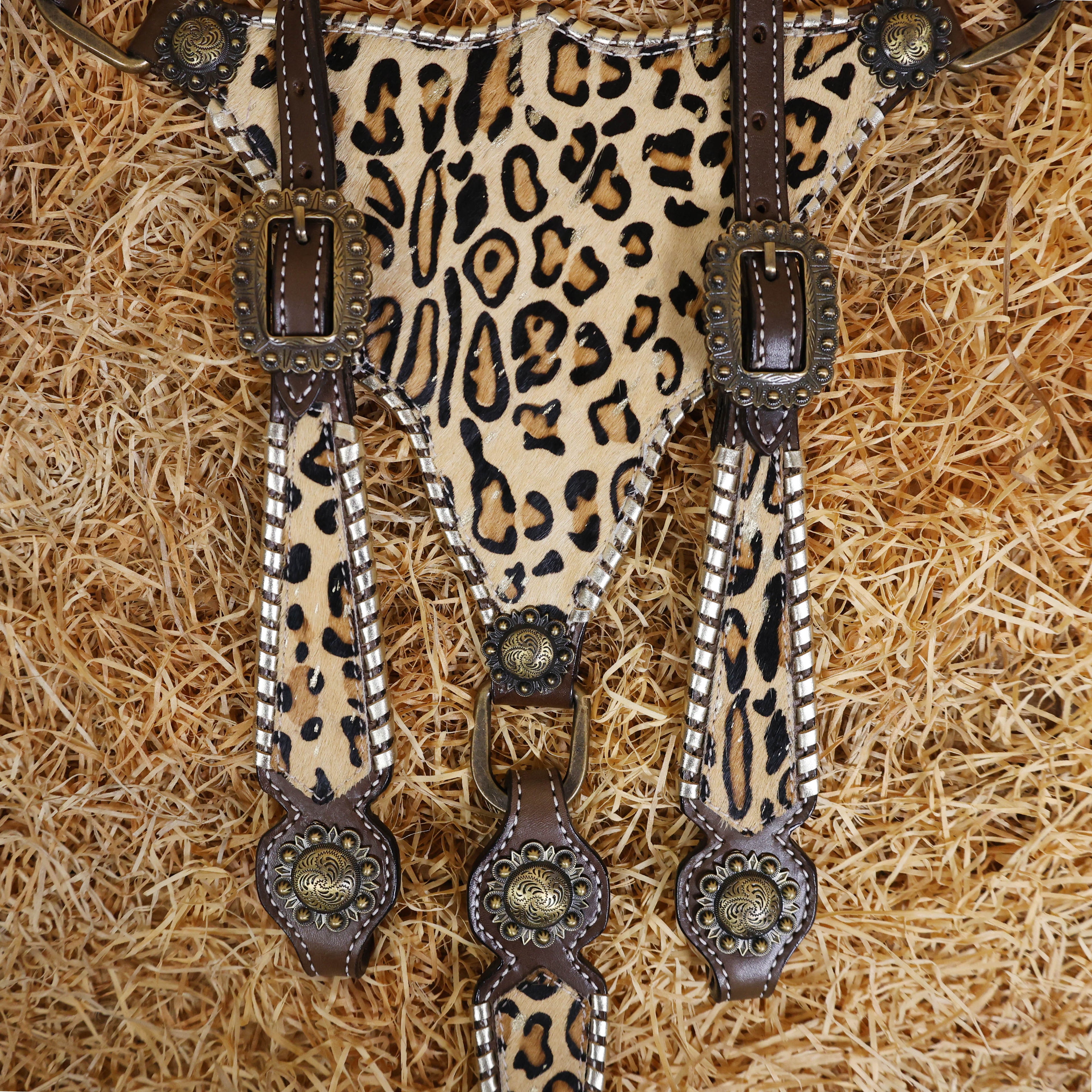 MOUSM Argentina Cow Leather Headstall and Breast Collar Set - Western Horse Tack Set Decorated with Jaguar Print Cowhide with Golden Whip Stitching