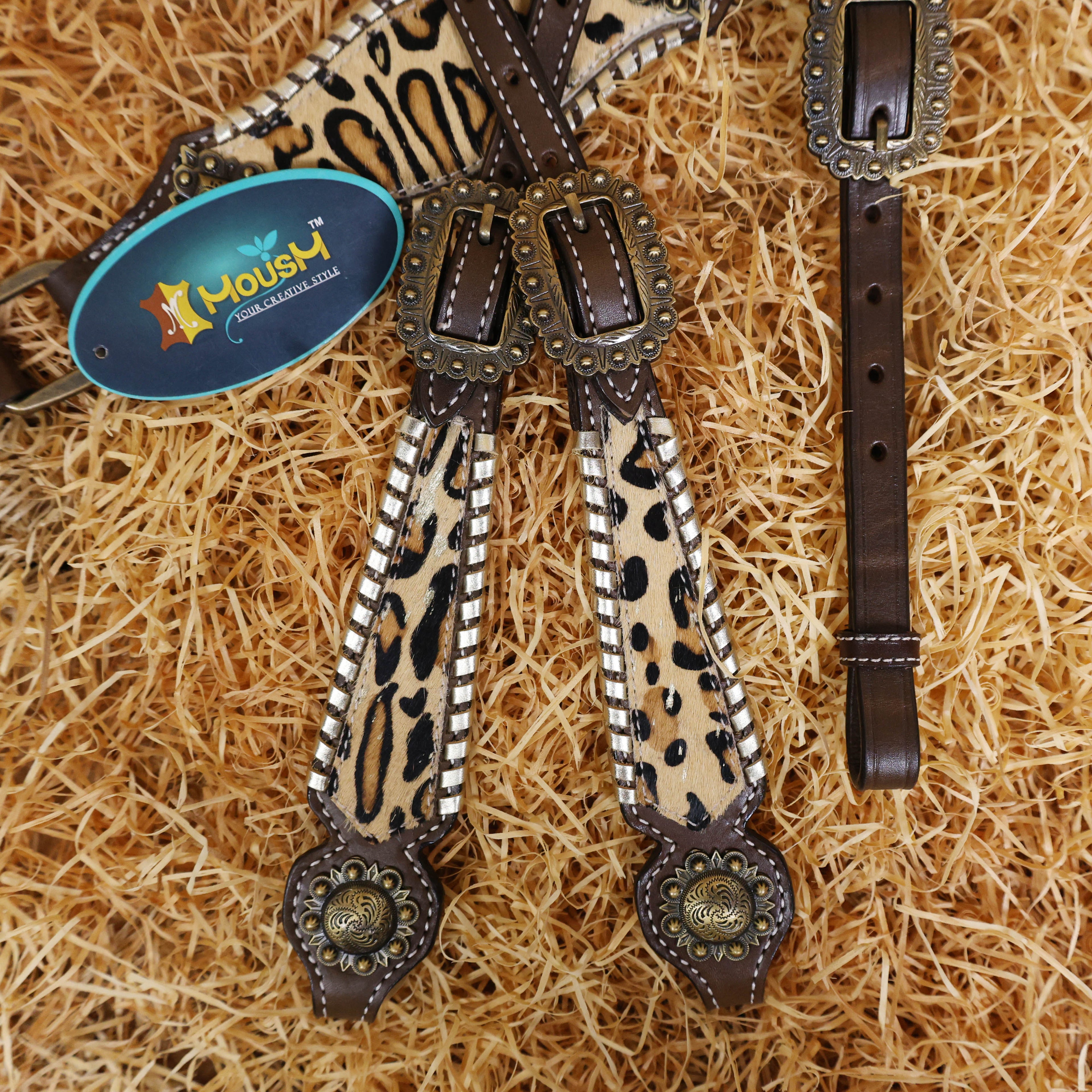 MOUSM Argentina Cow Leather Headstall and Breast Collar Set - Western Horse Tack Set Decorated with Jaguar Print Cowhide with Golden Whip Stitching