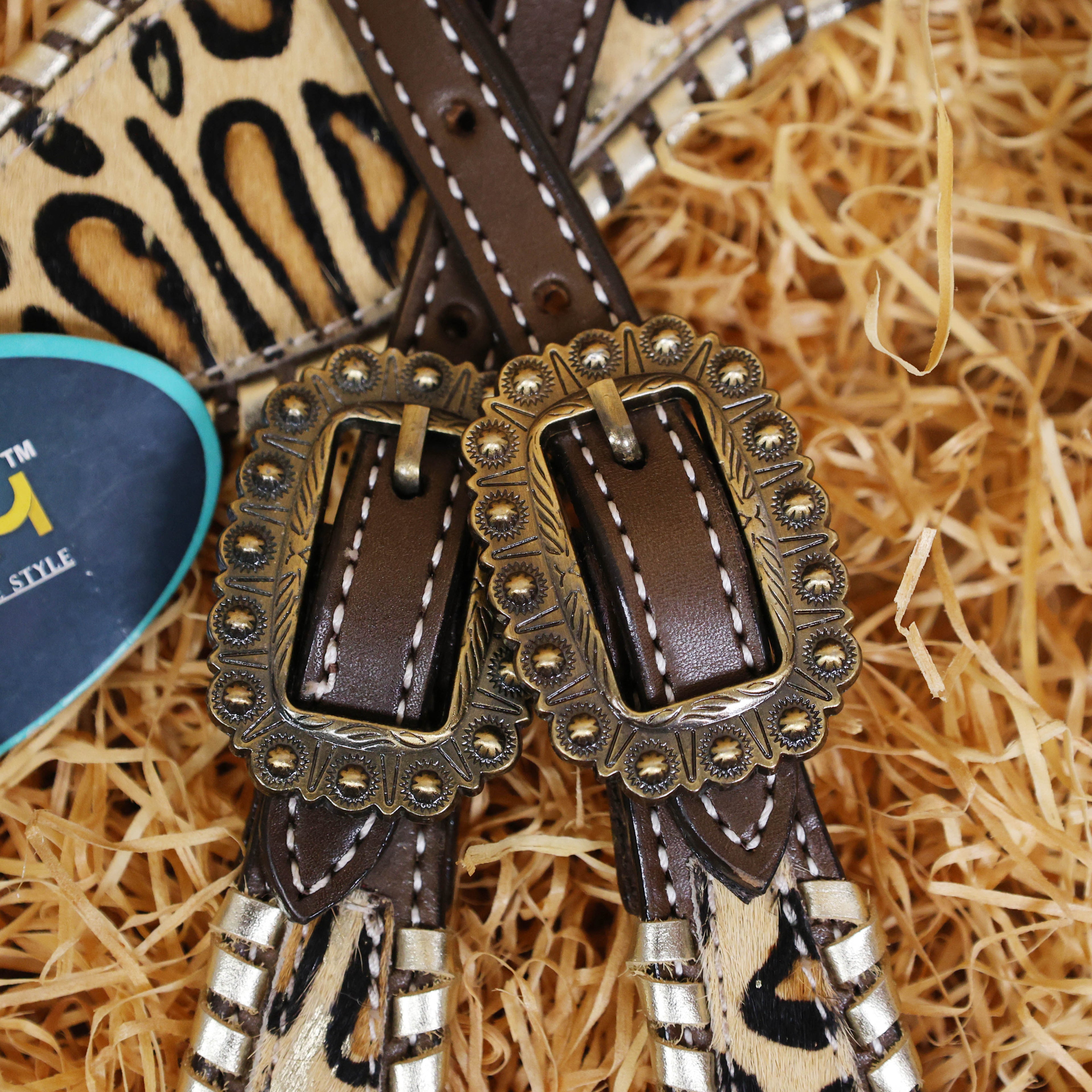 MOUSM Argentina Cow Leather Headstall and Breast Collar Set - Western Horse Tack Set Decorated with Jaguar Print Cowhide with Golden Whip Stitching