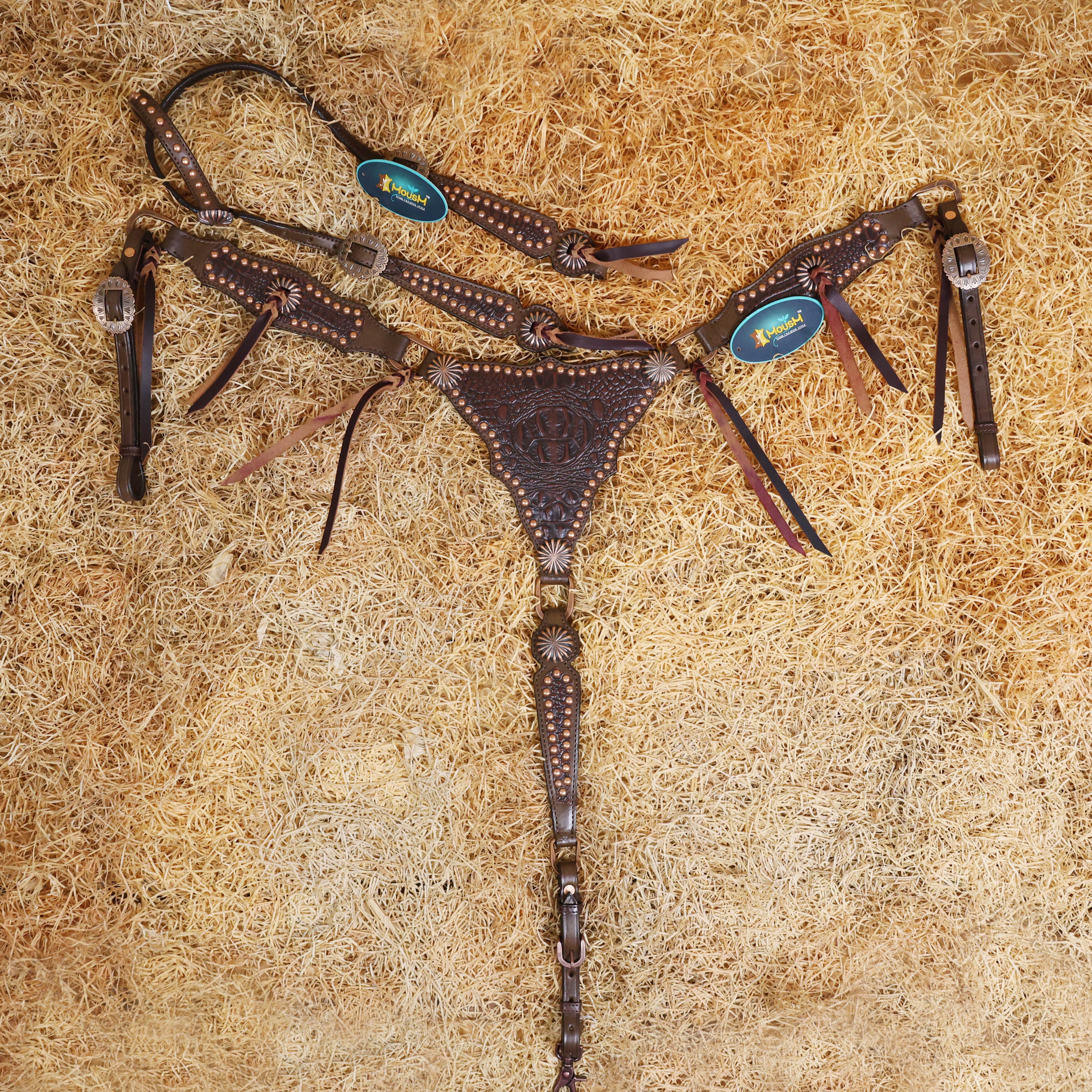MOUSM Argentina Cow Leather Headstall and Breast Collar Set - Western Horse Tack Set Gladiator Style Breast Collar Decorated with Brown Alligator Skin Texture, Copper Studs & Sunburst Conchos