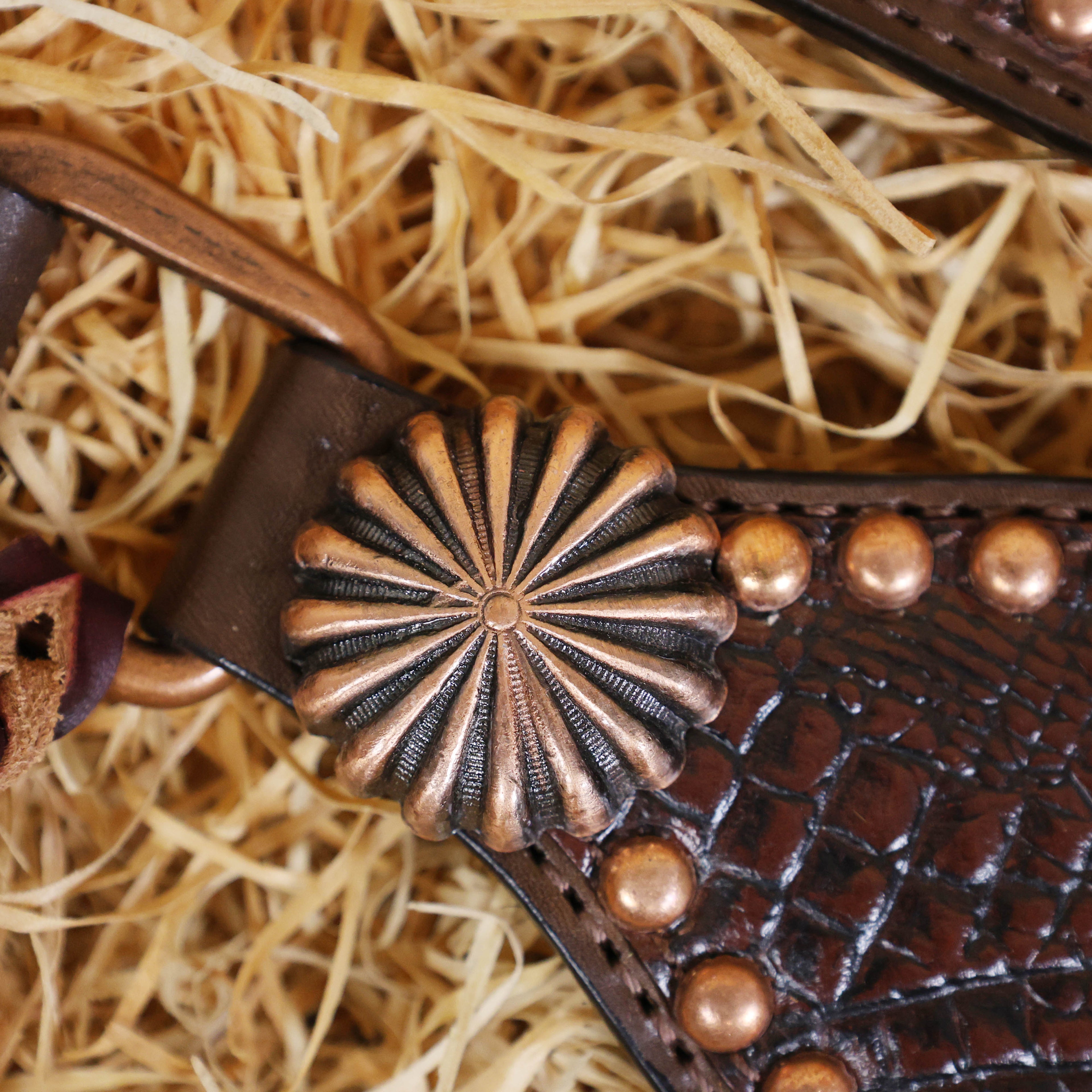 MOUSM Argentina Cow Leather Headstall and Breast Collar Set - Western Horse Tack Set Gladiator Style Breast Collar Decorated with Brown Alligator Skin Texture, Copper Studs & Sunburst Conchos