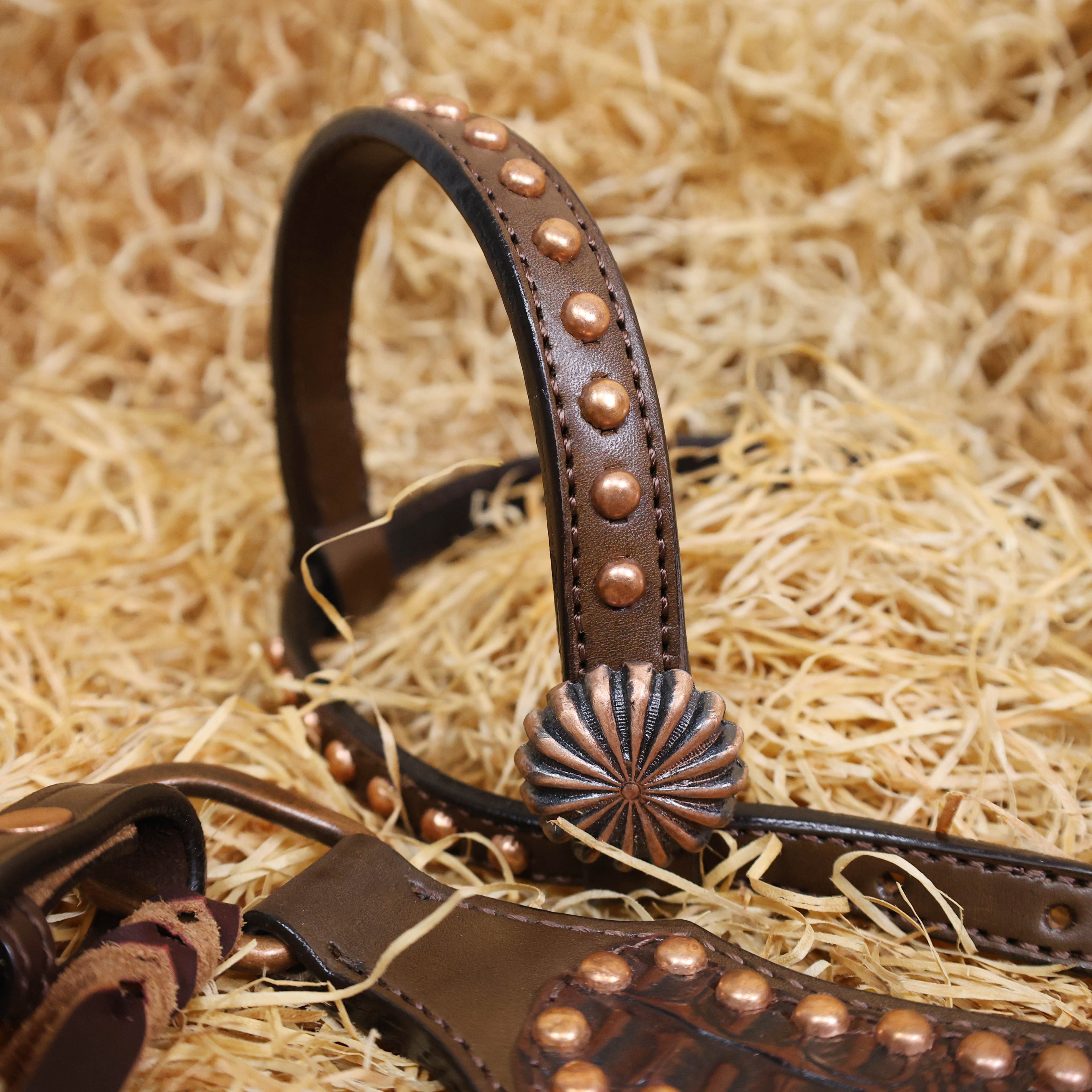 MOUSM Argentina Cow Leather Headstall and Breast Collar Set - Western Horse Tack Set Gladiator Style Breast Collar Decorated with Brown Alligator Skin Texture, Copper Studs & Sunburst Conchos