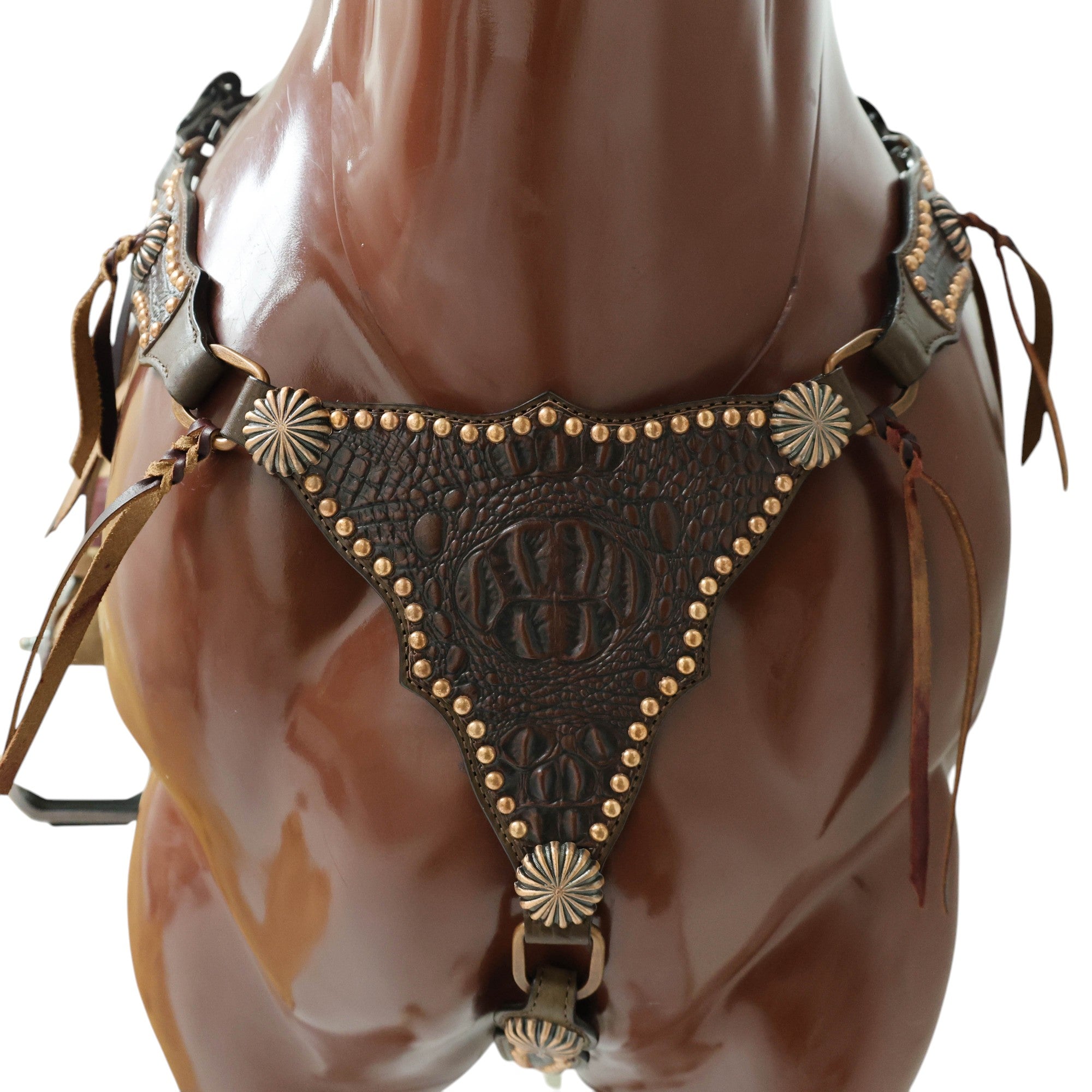 MOUSM Argentina Cow Leather Headstall and Breast Collar Set - Western Horse Tack Set Gladiator Style Breast Collar Decorated with Brown Alligator Skin Texture, Copper Studs & Sunburst Conchos