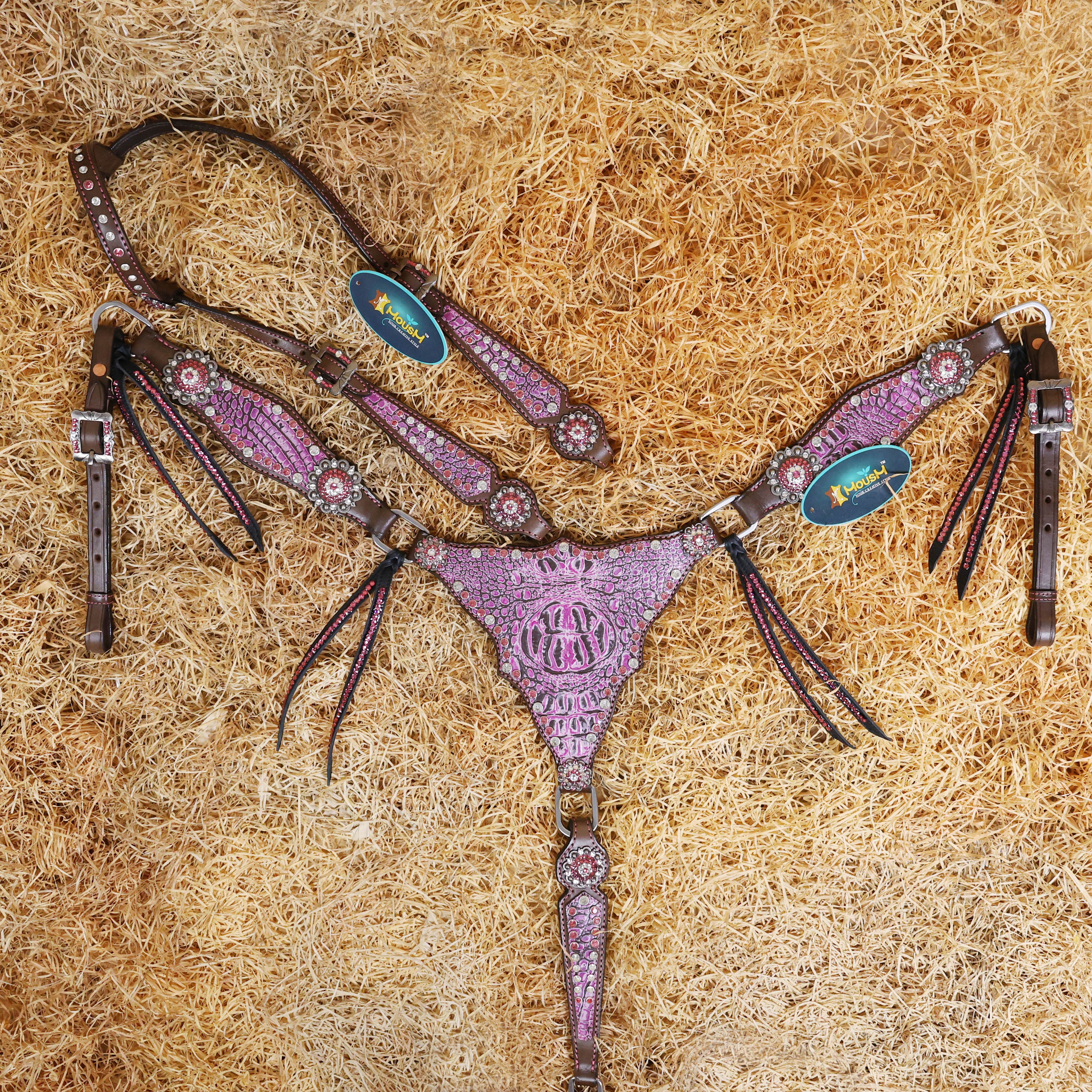 MOUSM Western Headstall Set - Handcrafted from Argentina Cow Leather Western Horse Tack Set, Gladiator Style Breast Collar with Pink Alligator Skin Texture, Pink-White Rhinestones Studs