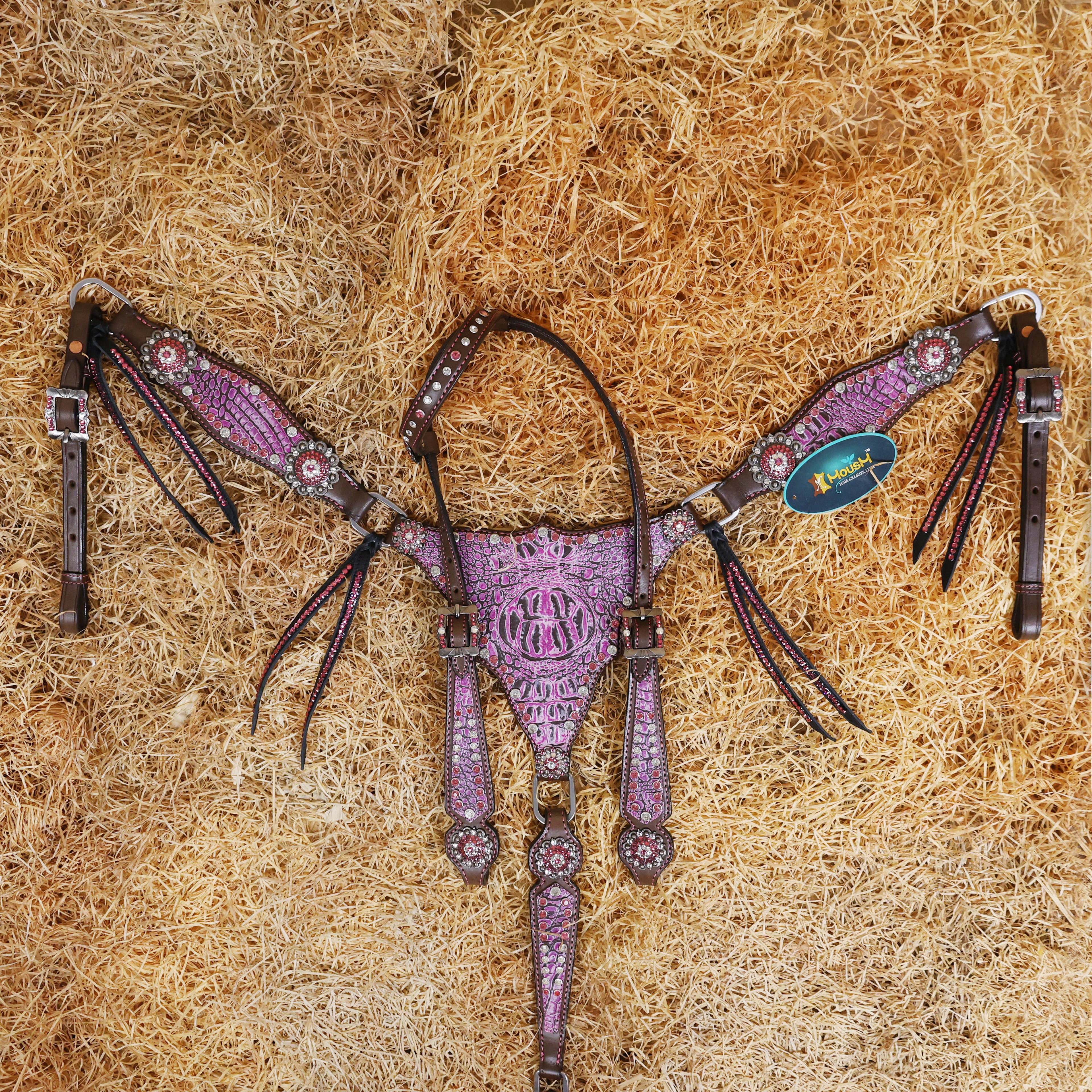 MOUSM Western Headstall Set - Handcrafted from Argentina Cow Leather Western Horse Tack Set, Gladiator Style Breast Collar with Pink Alligator Skin Texture, Pink-White Rhinestones Studs