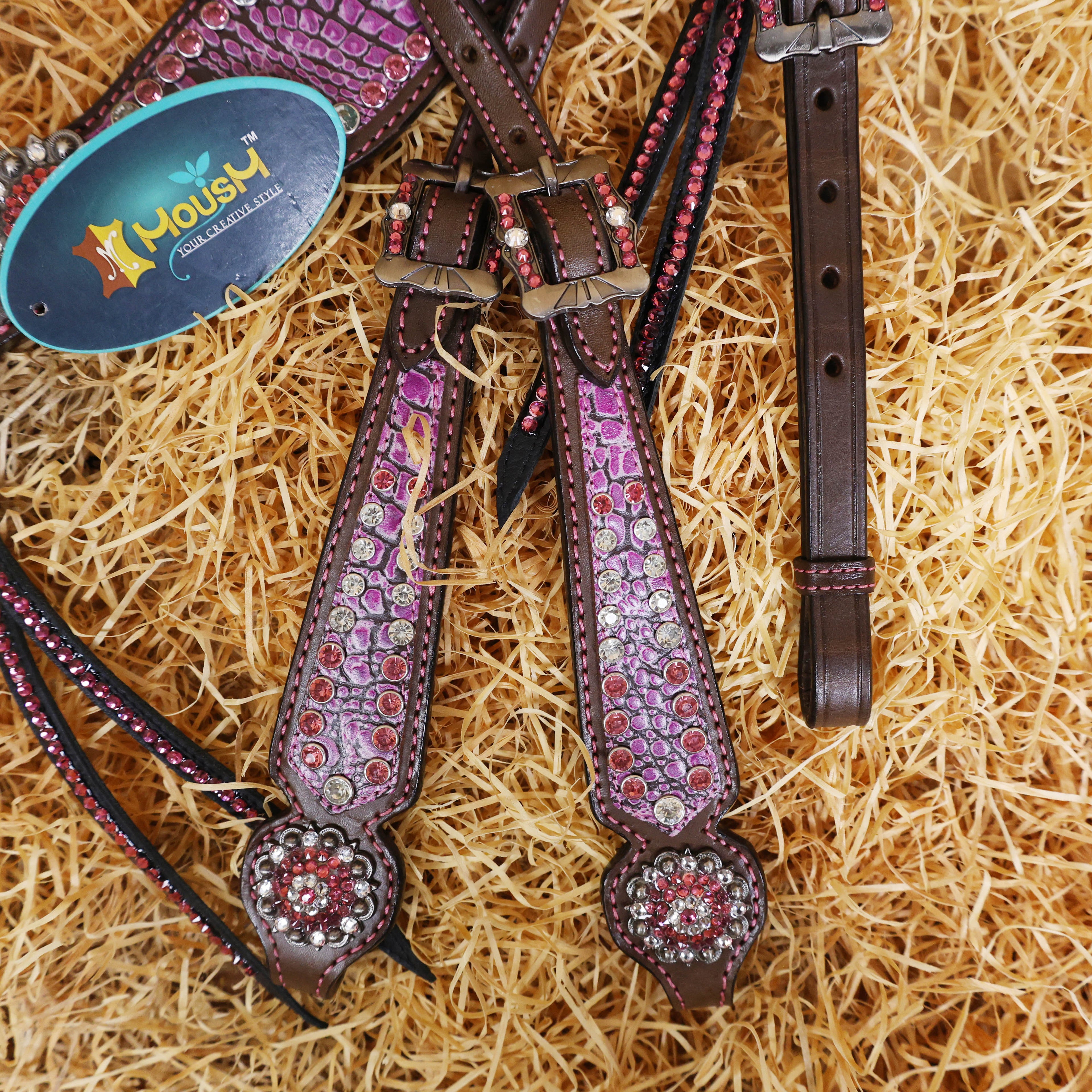 MOUSM Western Headstall Set - Handcrafted from Argentina Cow Leather Western Horse Tack Set, Gladiator Style Breast Collar with Pink Alligator Skin Texture, Pink-White Rhinestones Studs