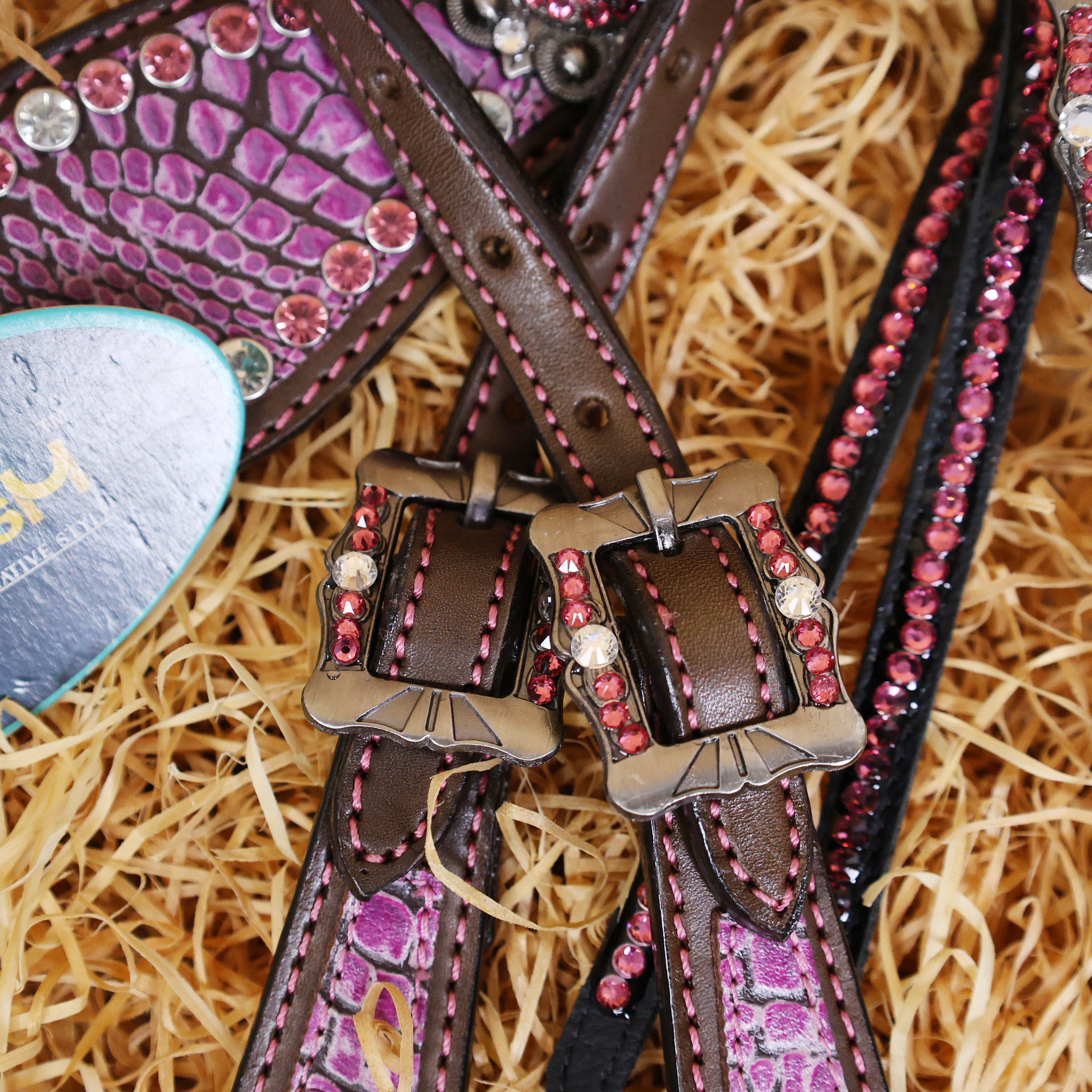 MOUSM Western Headstall Set - Handcrafted from Argentina Cow Leather Western Horse Tack Set, Gladiator Style Breast Collar with Pink Alligator Skin Texture, Pink-White Rhinestones Studs