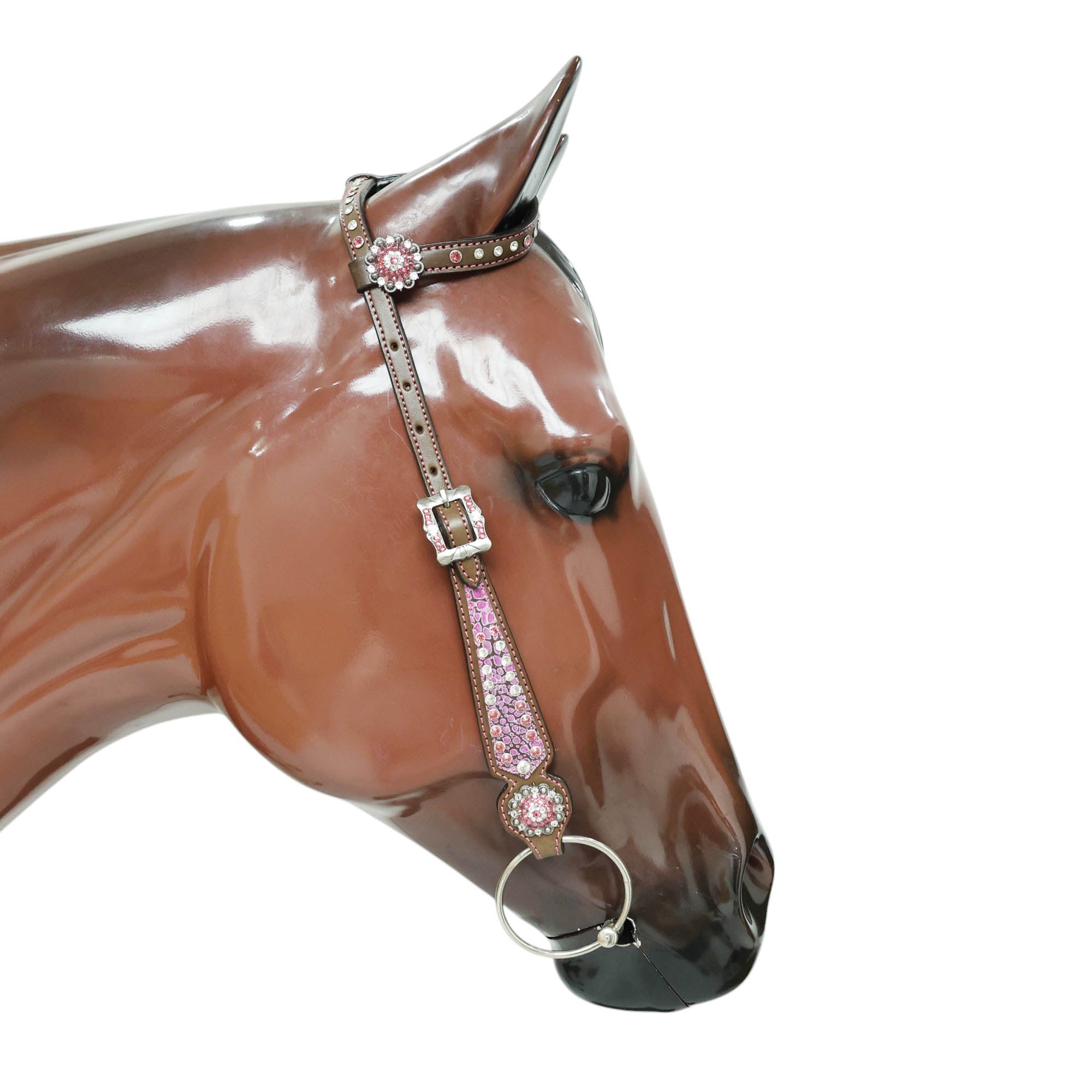 MOUSM Western Headstall Set - Handcrafted from Argentina Cow Leather Western Horse Tack Set, Gladiator Style Breast Collar with Pink Alligator Skin Texture, Pink-White Rhinestones Studs