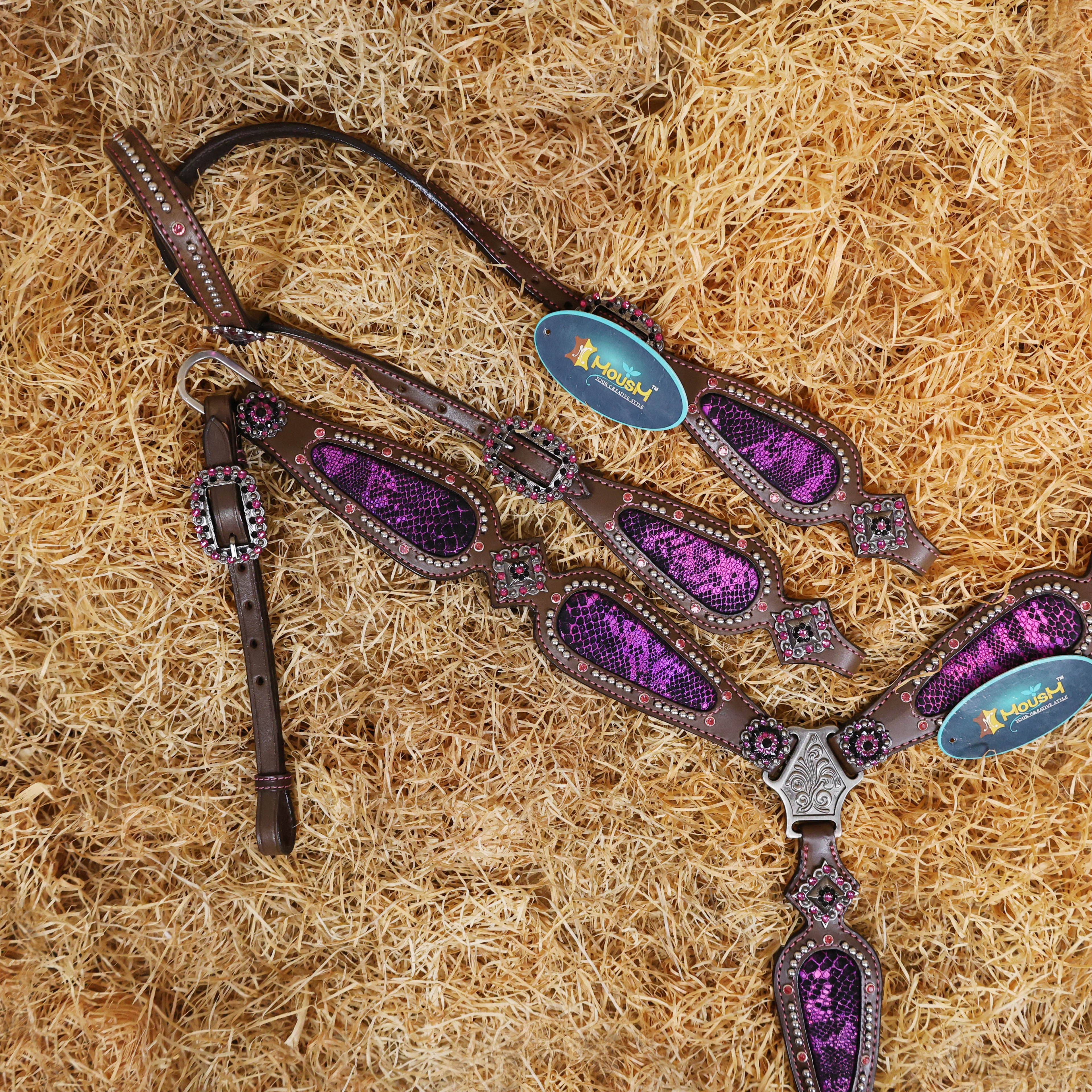 MOUSM Western Headstall and Breast Collar Set - Argentina Cow Leather Western Horse Tack Set Decorated with Pink Snake Texture Leather, Nickel Studs with Pink Rhinestones All Around