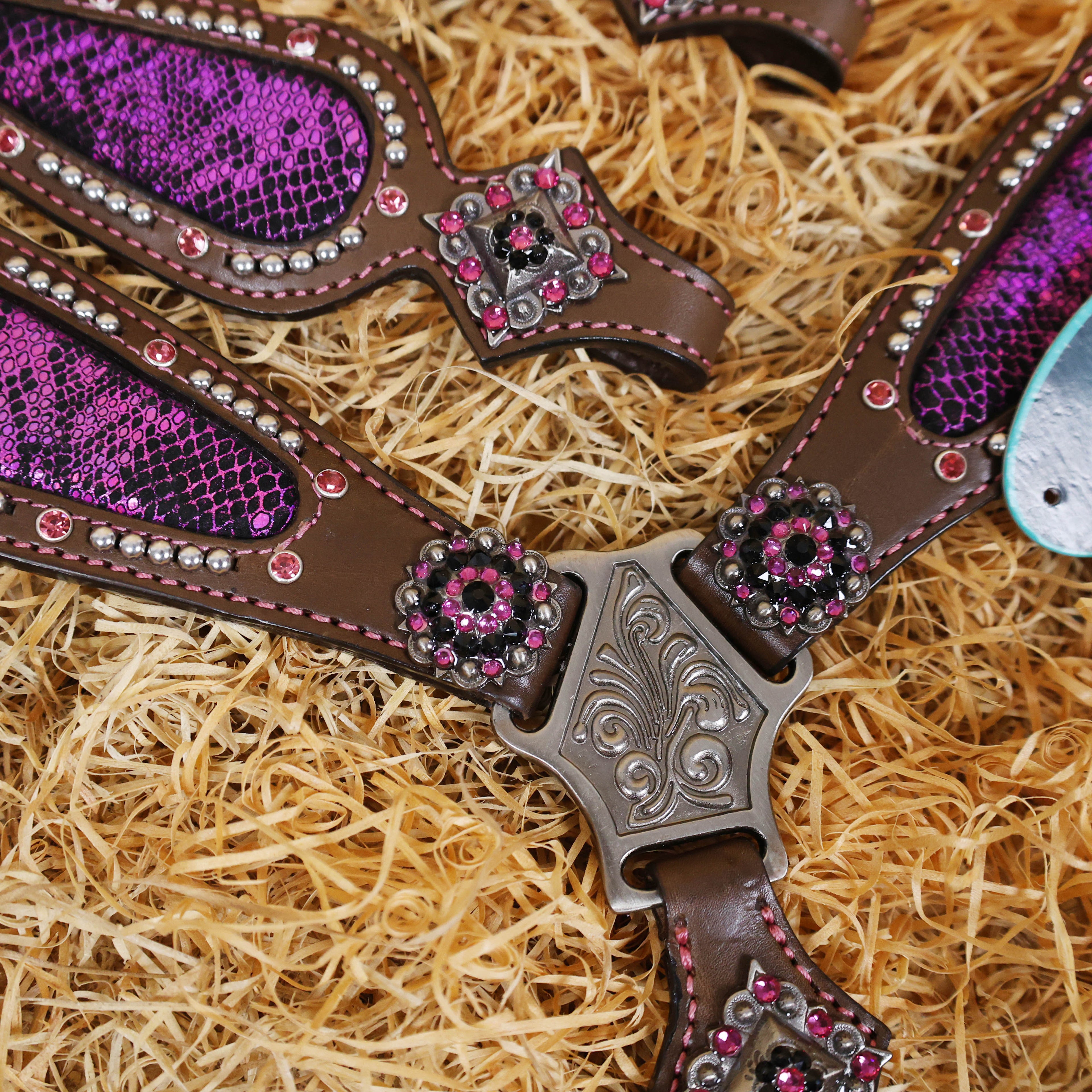 MOUSM Western Headstall and Breast Collar Set - Argentina Cow Leather Western Horse Tack Set Decorated with Pink Snake Texture Leather, Nickel Studs with Pink Rhinestones All Around