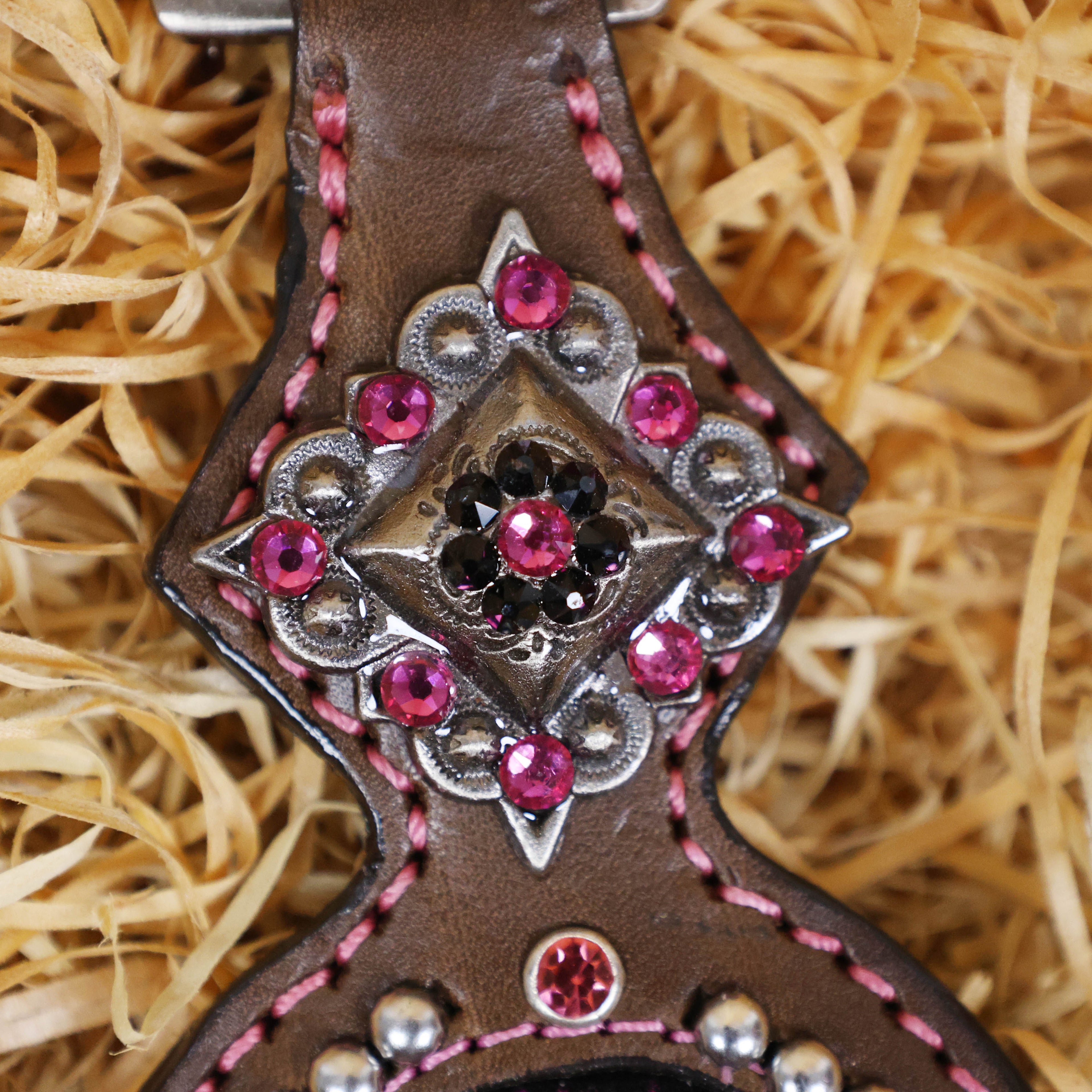 MOUSM Western Headstall and Breast Collar Set - Argentina Cow Leather Western Horse Tack Set Decorated with Pink Snake Texture Leather, Nickel Studs with Pink Rhinestones All Around