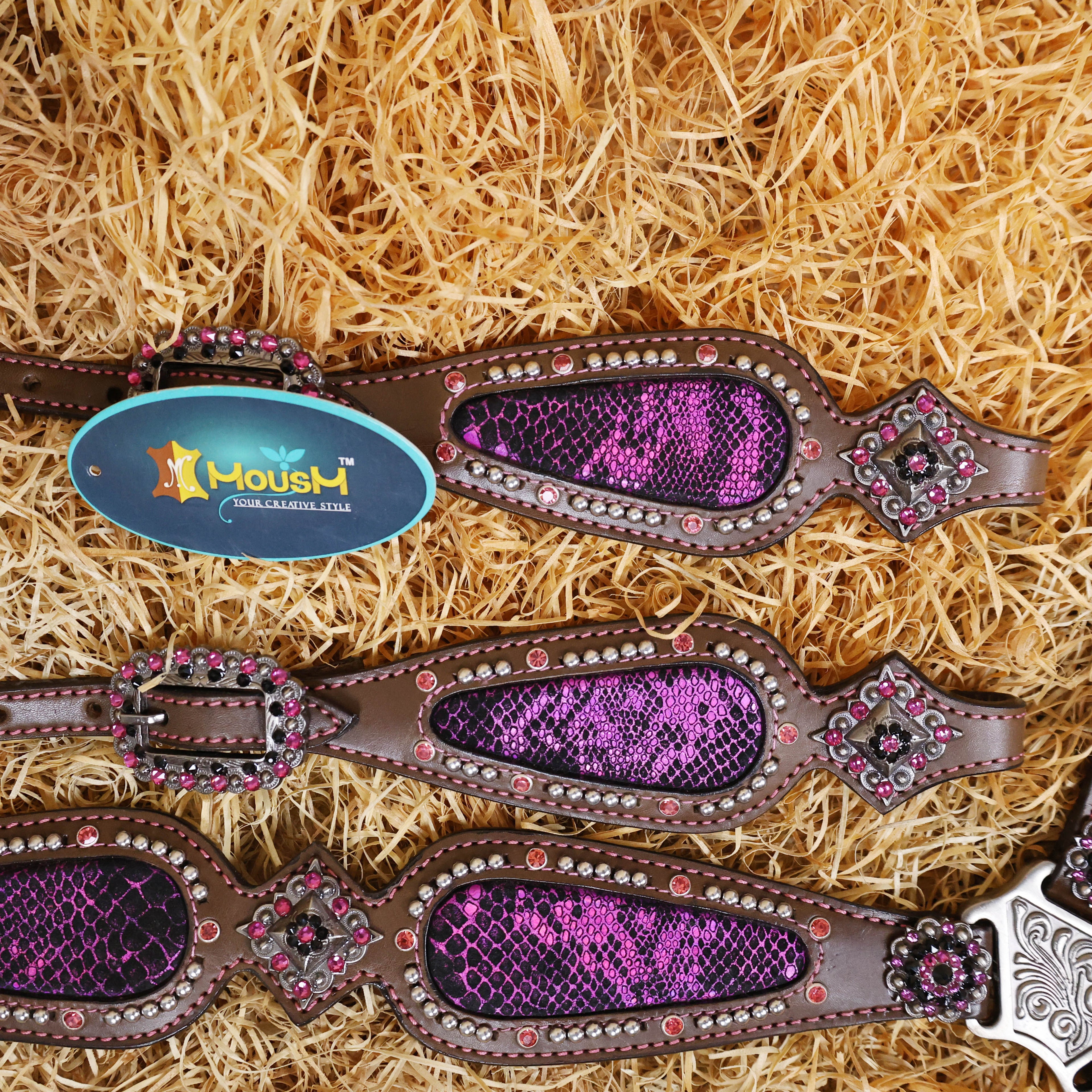MOUSM Western Headstall and Breast Collar Set - Argentina Cow Leather Western Horse Tack Set Decorated with Pink Snake Texture Leather, Nickel Studs with Pink Rhinestones All Around