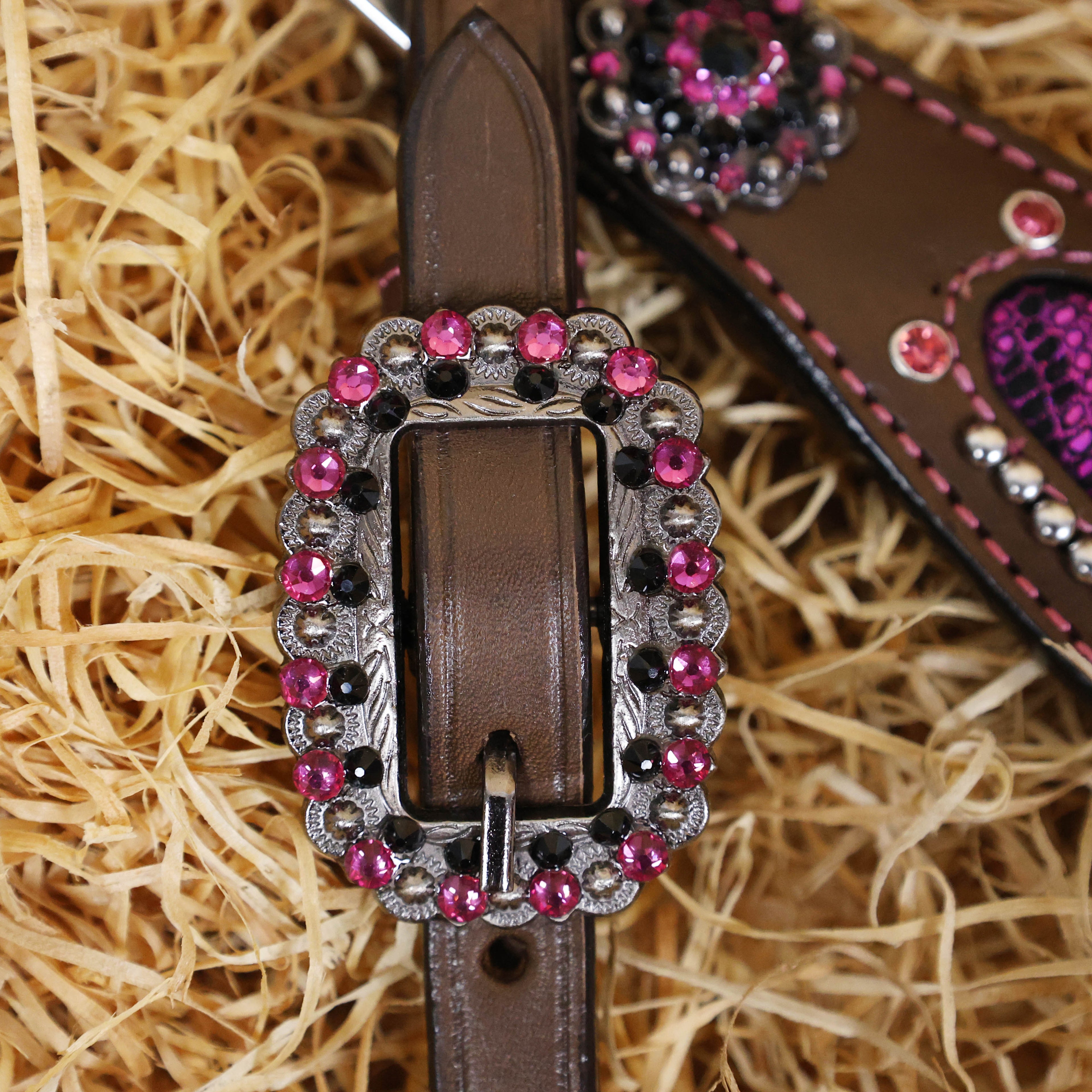 MOUSM Western Headstall and Breast Collar Set - Argentina Cow Leather Western Horse Tack Set Decorated with Pink Snake Texture Leather, Nickel Studs with Pink Rhinestones All Around